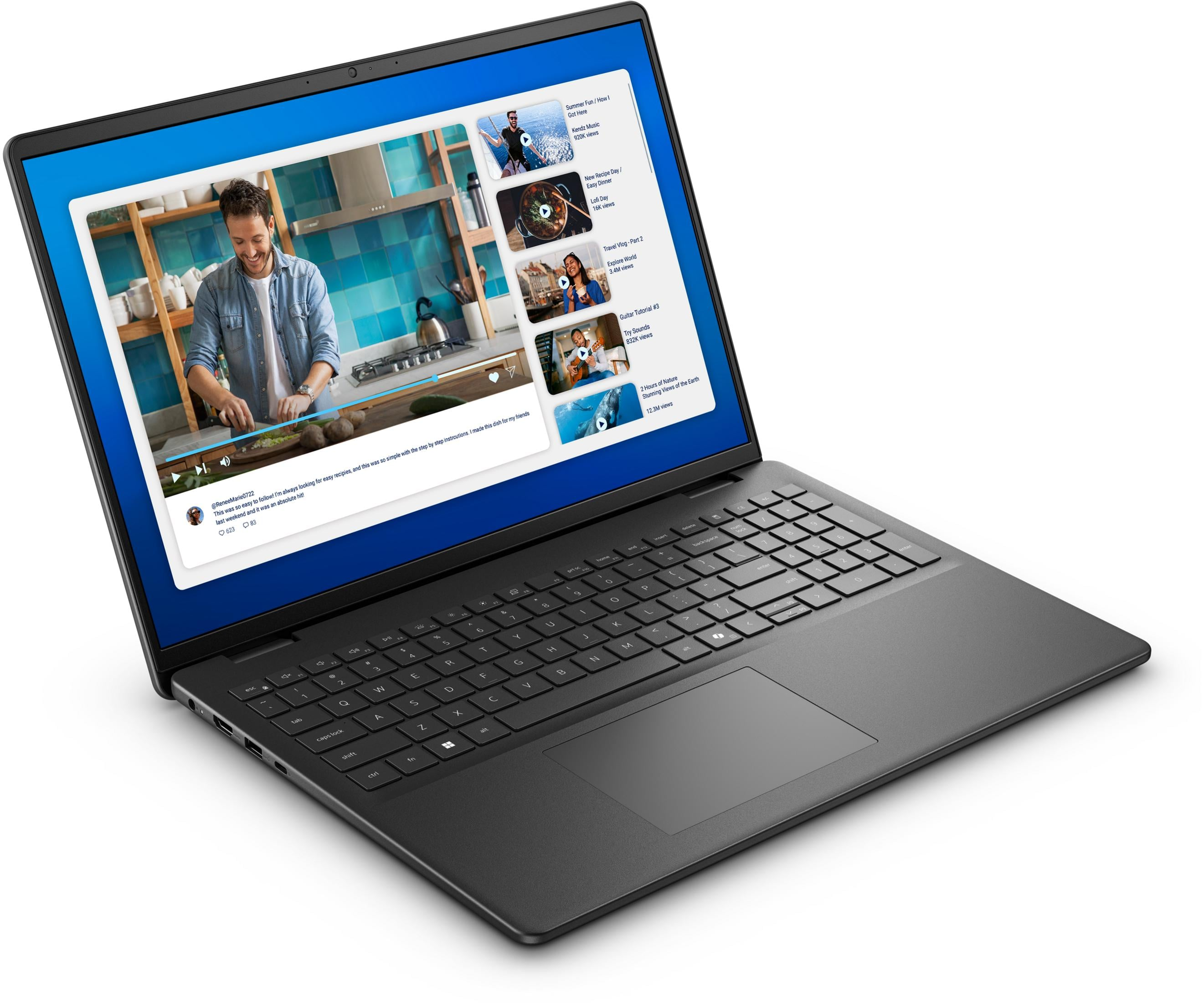 Ein Laptop zeigt ein Kochvideo auf dem Bildschirm, mit einer Liste von Videos daneben.