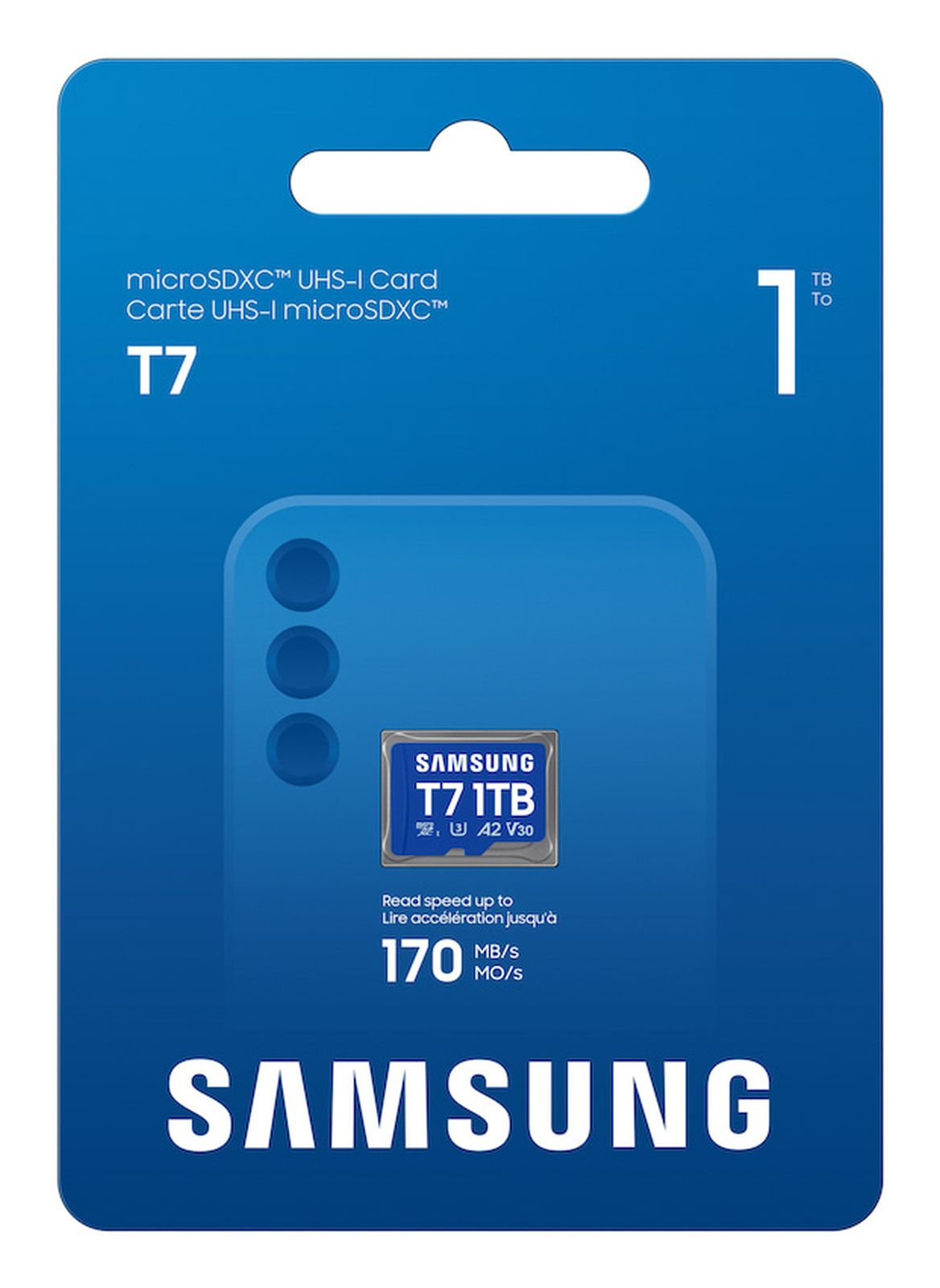 Scheda microSDXC Samsung T7 da 1TB, blu, con velocità di 170 MB/s.