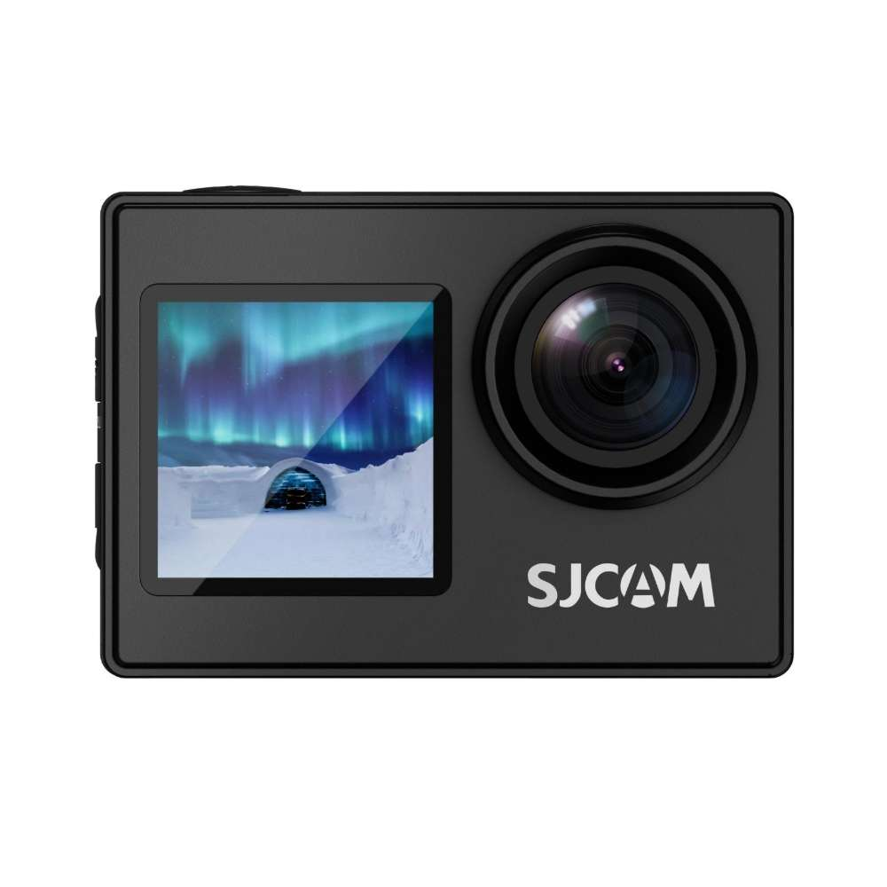 Kompakte Action-Kamera mit Display, zeigt Nordlichter über verschneiter Landschaft.