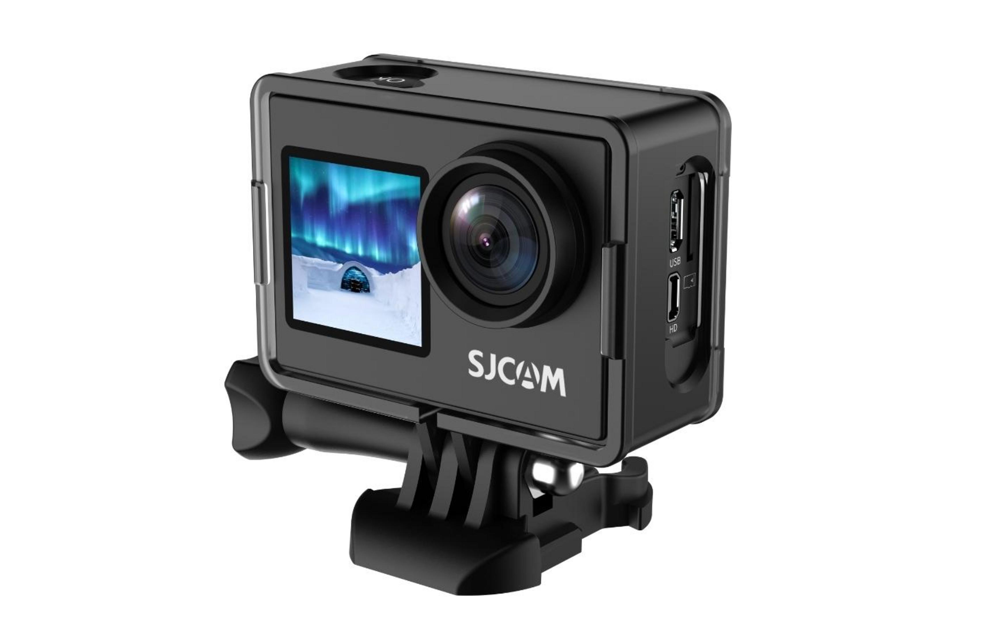 Eine schwarze Action-Kamera mit SJCAM-Logo und einem Bildschirm, der Nordlichter zeigt.