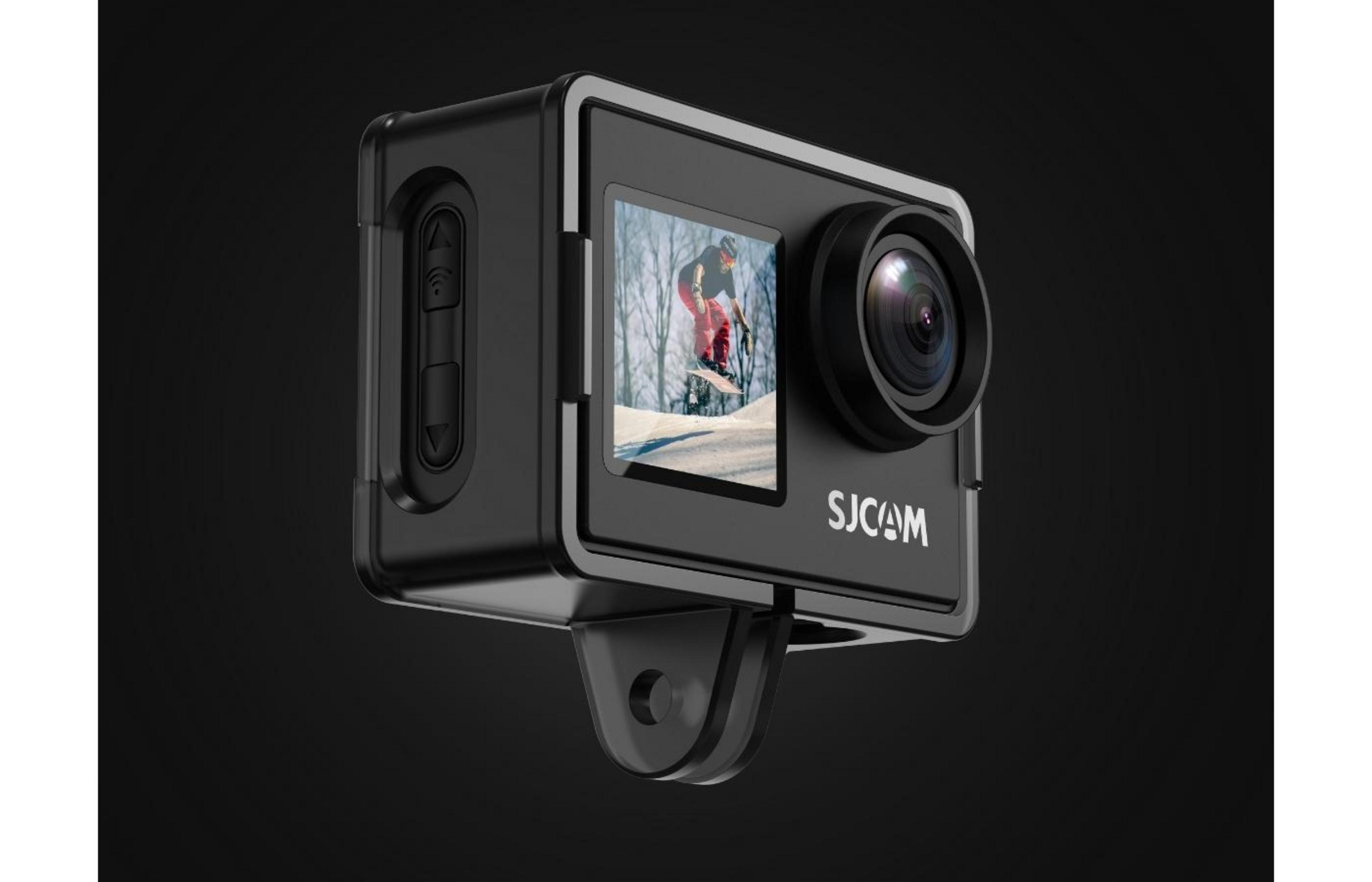 Eine schwarze Action-Kamera mit SJCAM-Logo auf dunklem Hintergrund.