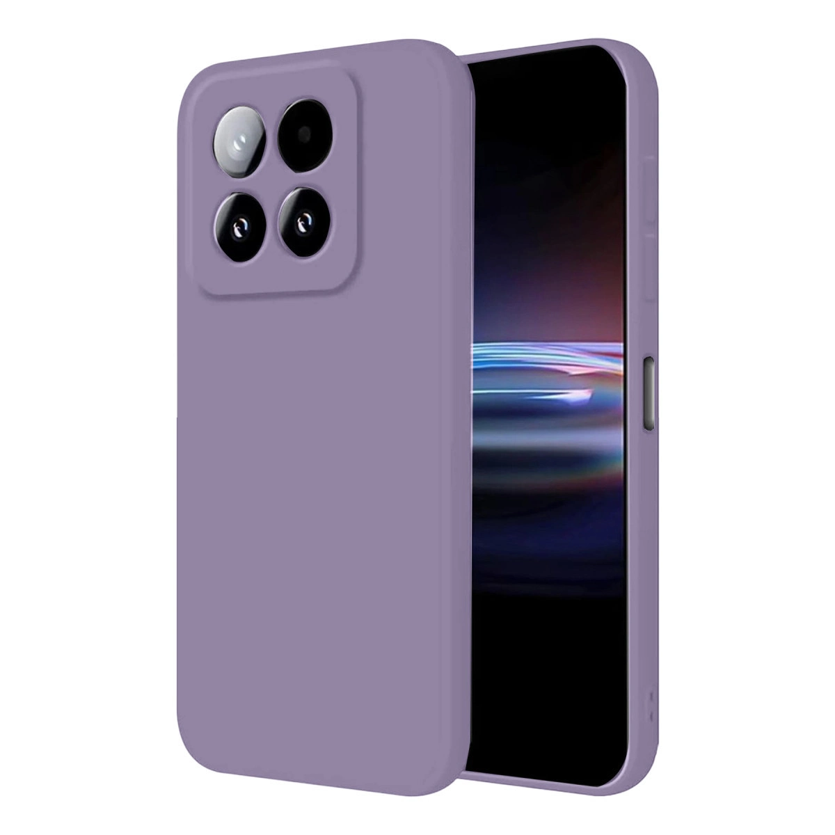 Arkada dört kamera lensi bulunan mor bir telefon kılıfı.
