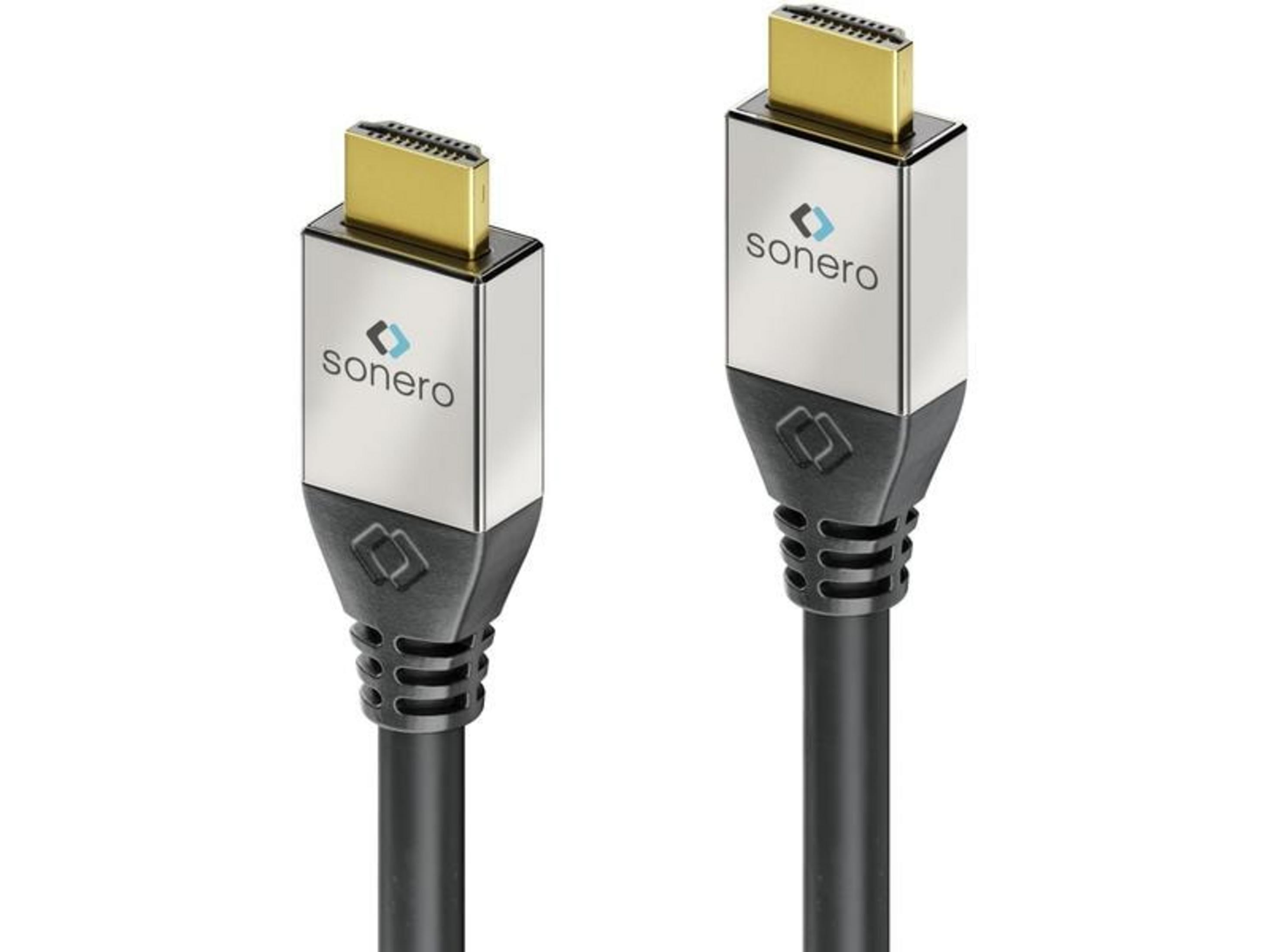 Zwei HDMI-Kabel mit goldenen Steckern und silbernen Gehäusen mit Sonero-Logo.