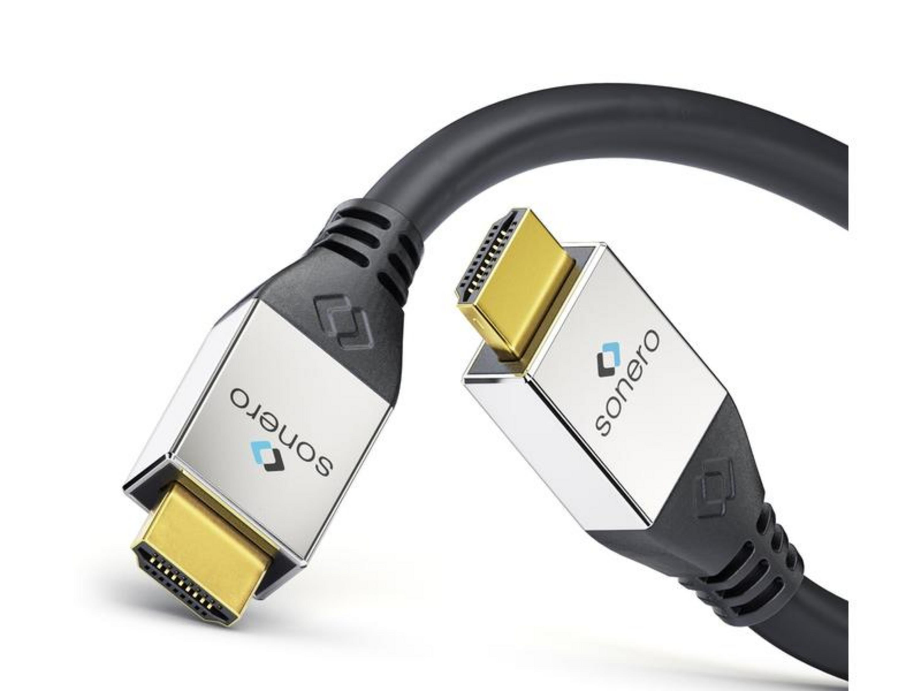 Ein schwarzes HDMI-Kabel mit goldenen Steckern und silbernen Anschlüssen.