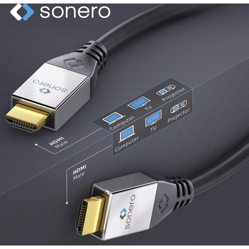 Sonero HDMI-Kabel mit goldenen Steckern, zeigt Anschlussmöglichkeiten.