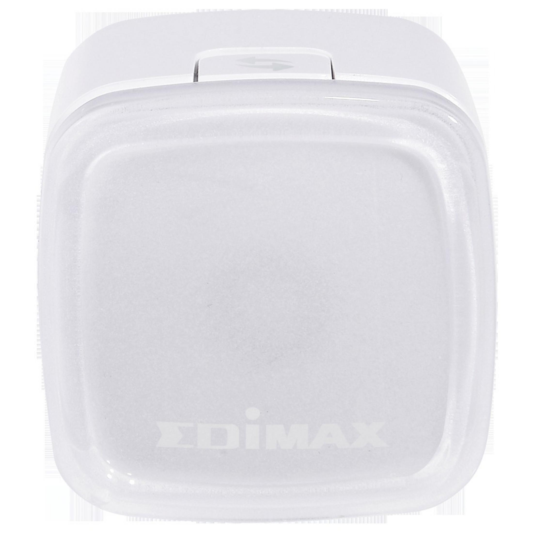 Ein weißes Edimax-Gerät mit einem Pfeilsymbol auf dem oberen Knopf.