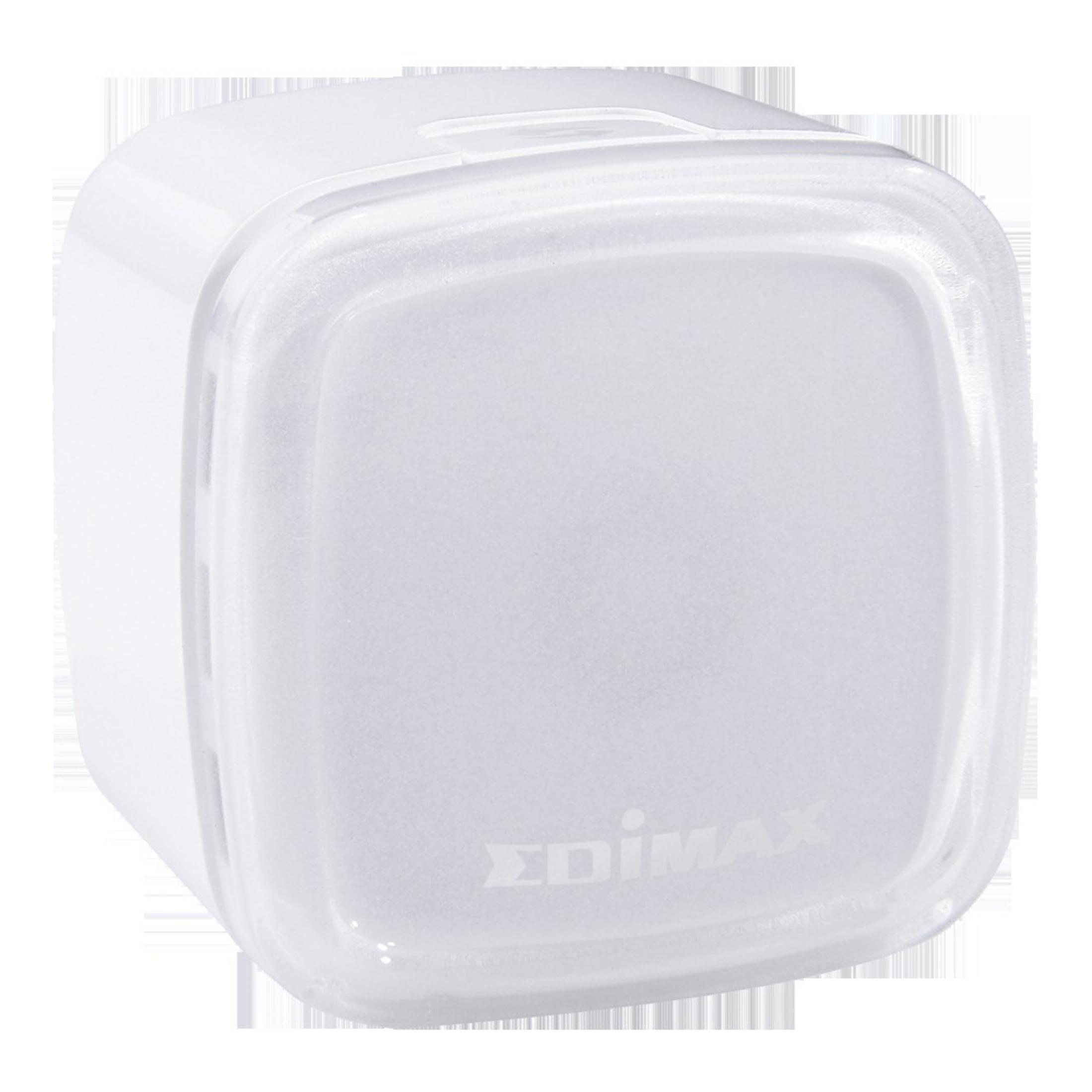 Ein weißer, würfelförmiger Edimax-Adapter mit transparentem Deckel.