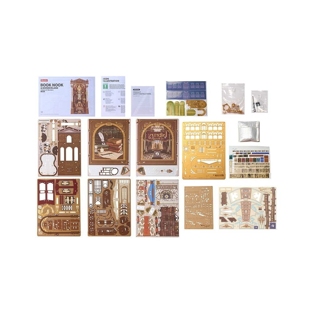 Ahşap parçalar, talimatlar ve aksesuarlar içeren bir kitap köşesi diorama kiti.