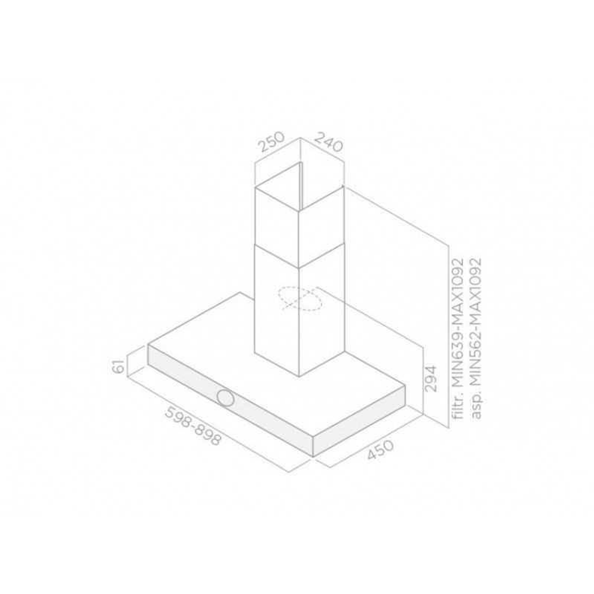 Disegno tecnico di una cappa aspirante con dimensioni.