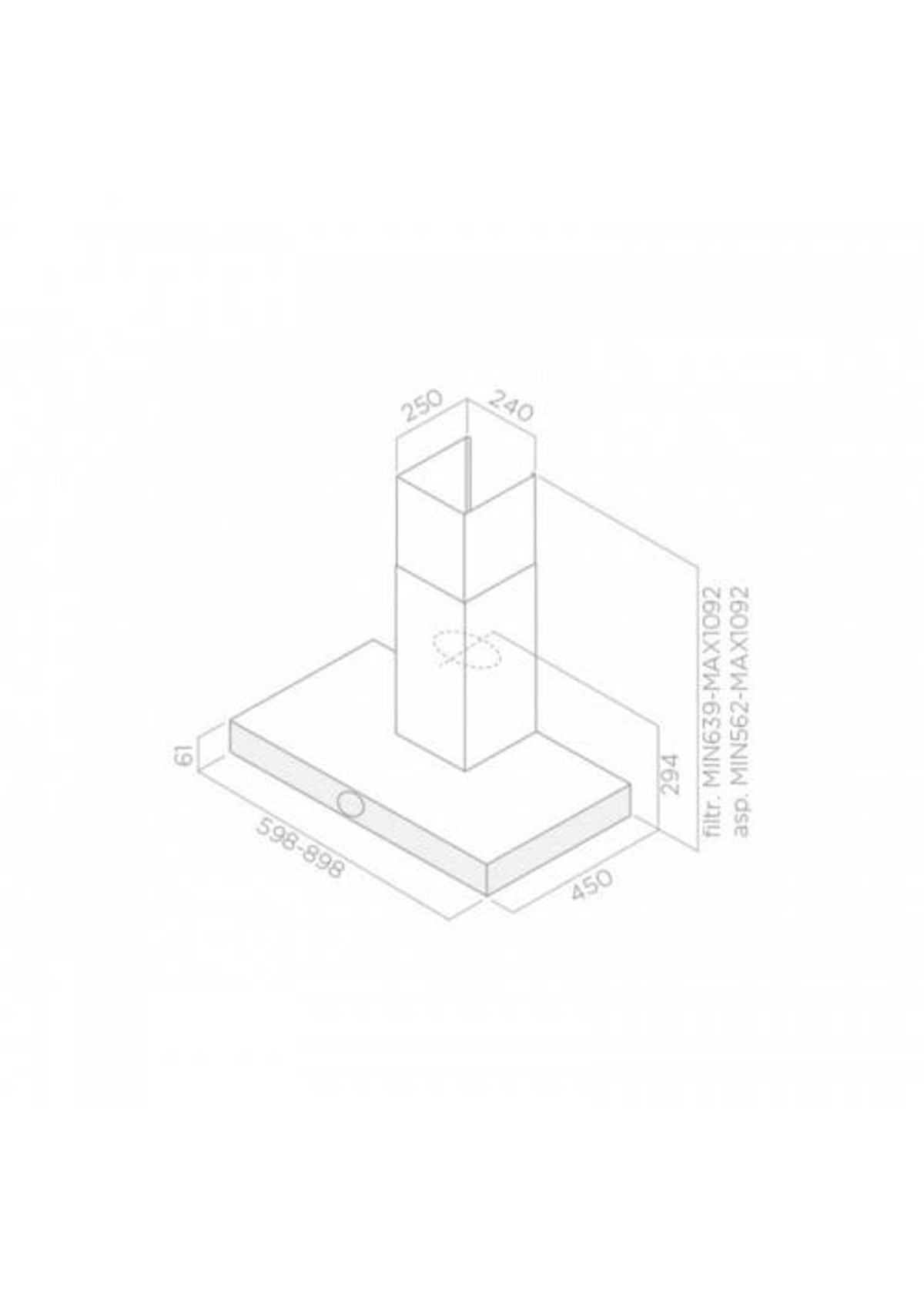 Disegno tecnico di una cappa aspirante con dimensioni 598-898x450x61mm.