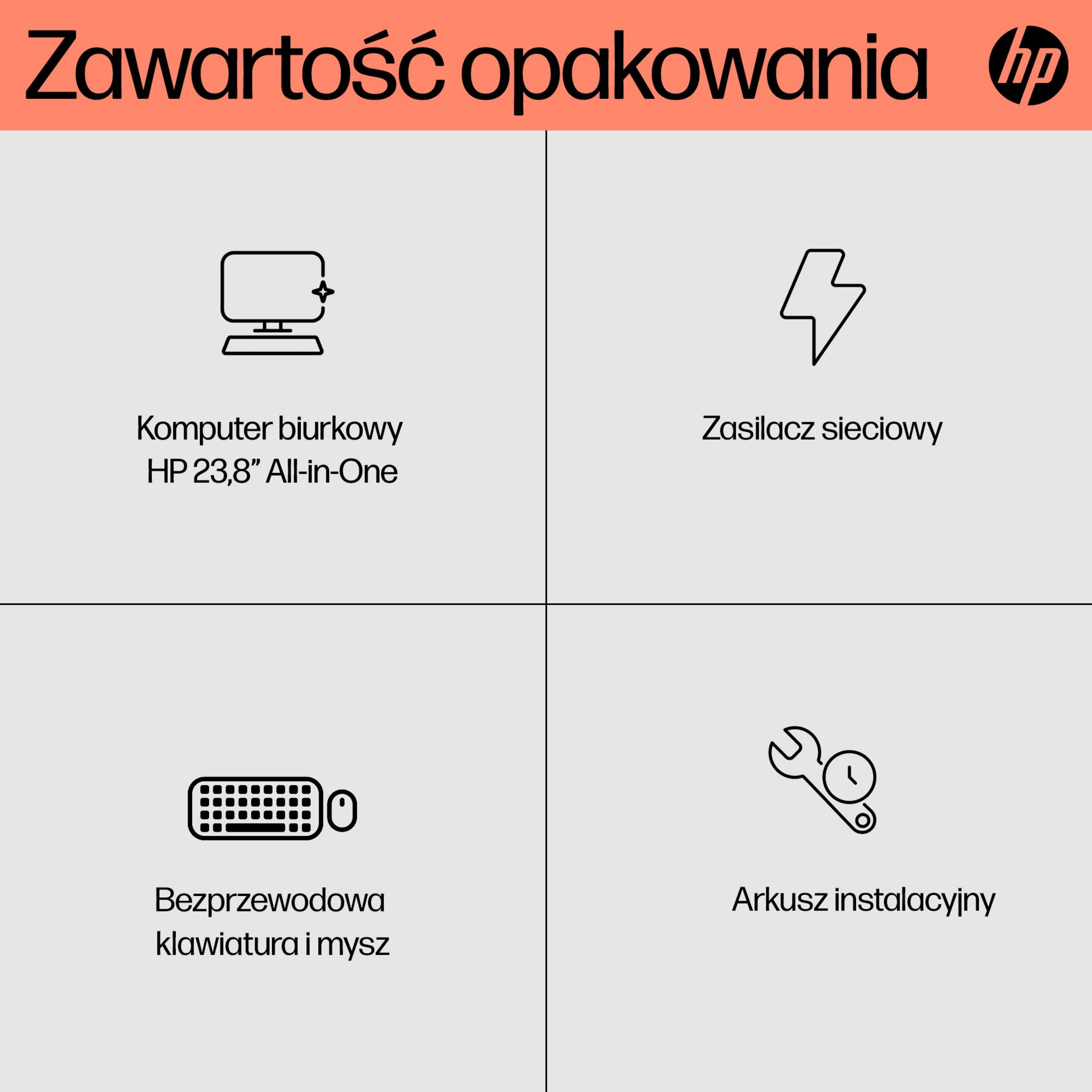 Contenuto della confezione: PC All-in-One HP, alimentatore, tastiera, mouse, istruzioni.