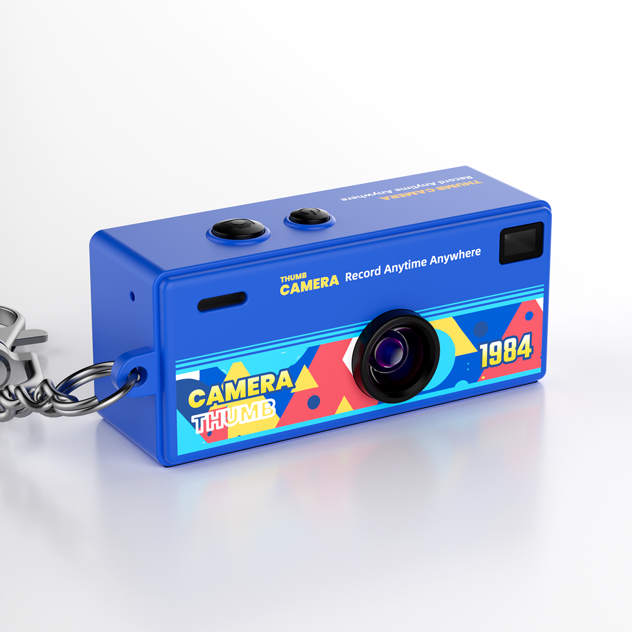 Una mini cámara azul con texto '1984' y decoración colorida.