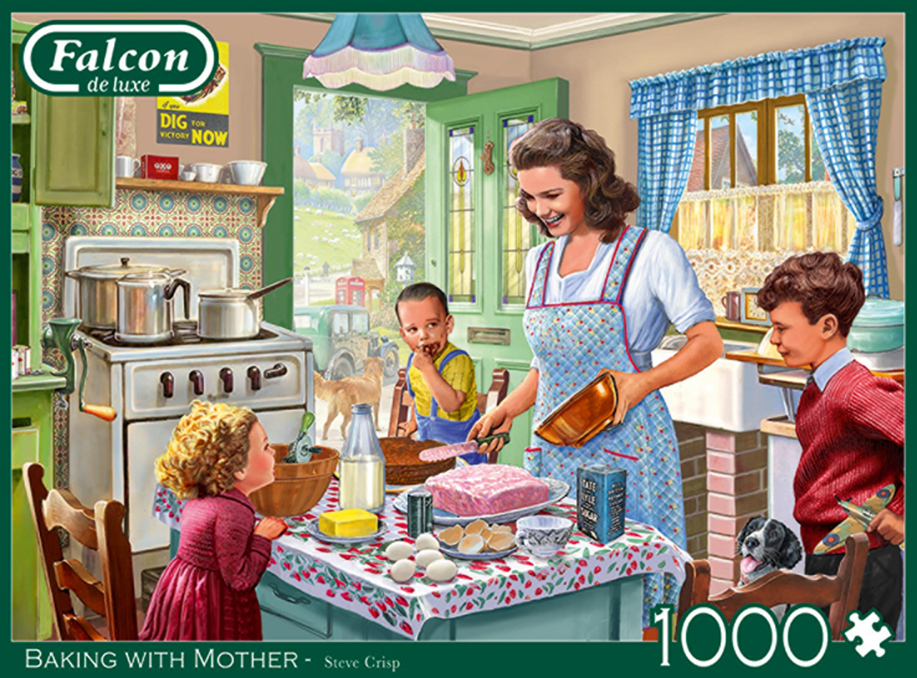Familie backt Kuchen in der Küche mit Blick auf das Dorf und Schafe.
