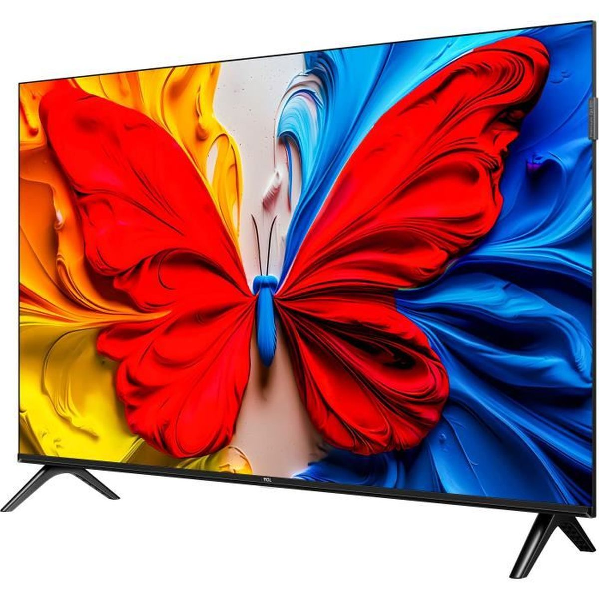 Una TV moderna mostra un'immagine vibrante di una farfalla con ali rosse.