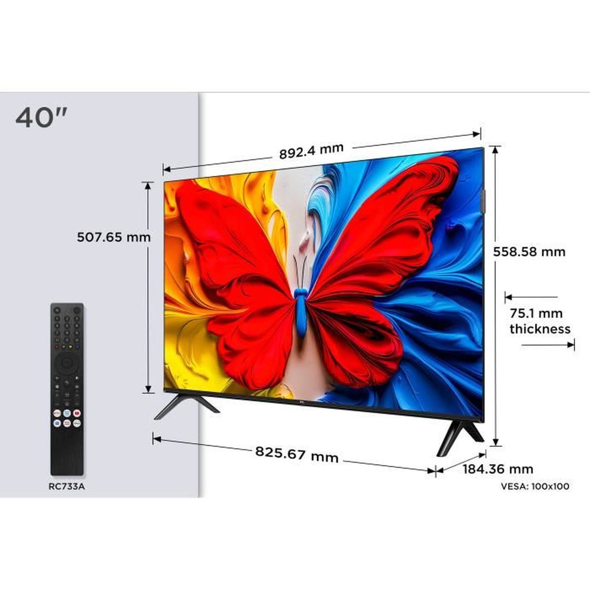 TV da 40 pollici con arte di farfalla, telecomando e dimensioni.