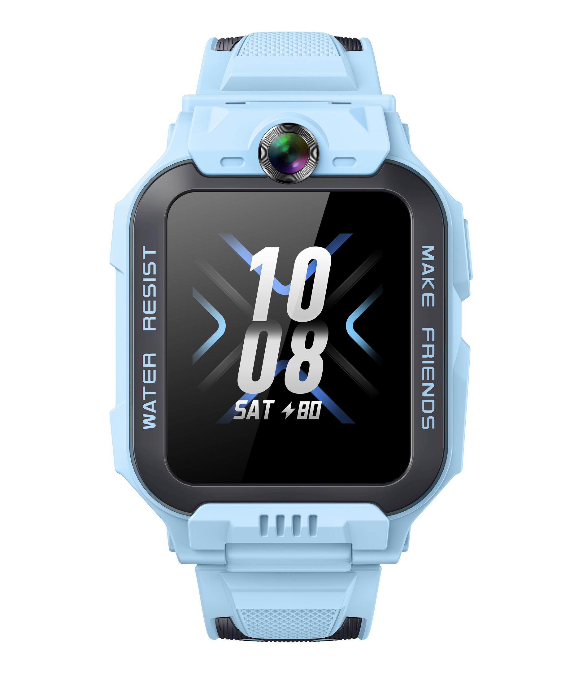 Reloj inteligente azul claro con cámara, hora 10:08, sábado, batería 80%.
