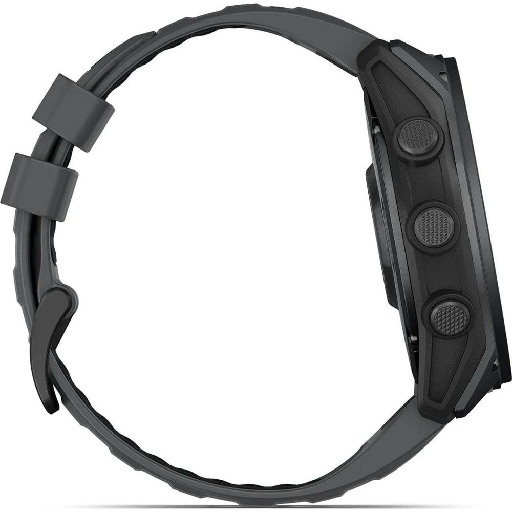 Orologio smart grigio con quadrante nero e tre pulsanti laterali su sfondo bianco.