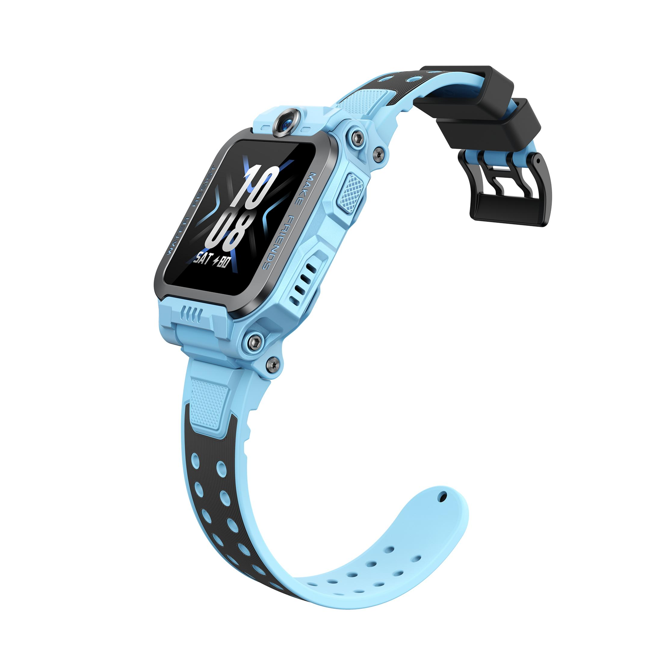 Reloj inteligente azul claro con correa negra, cámara y pantalla táctil.