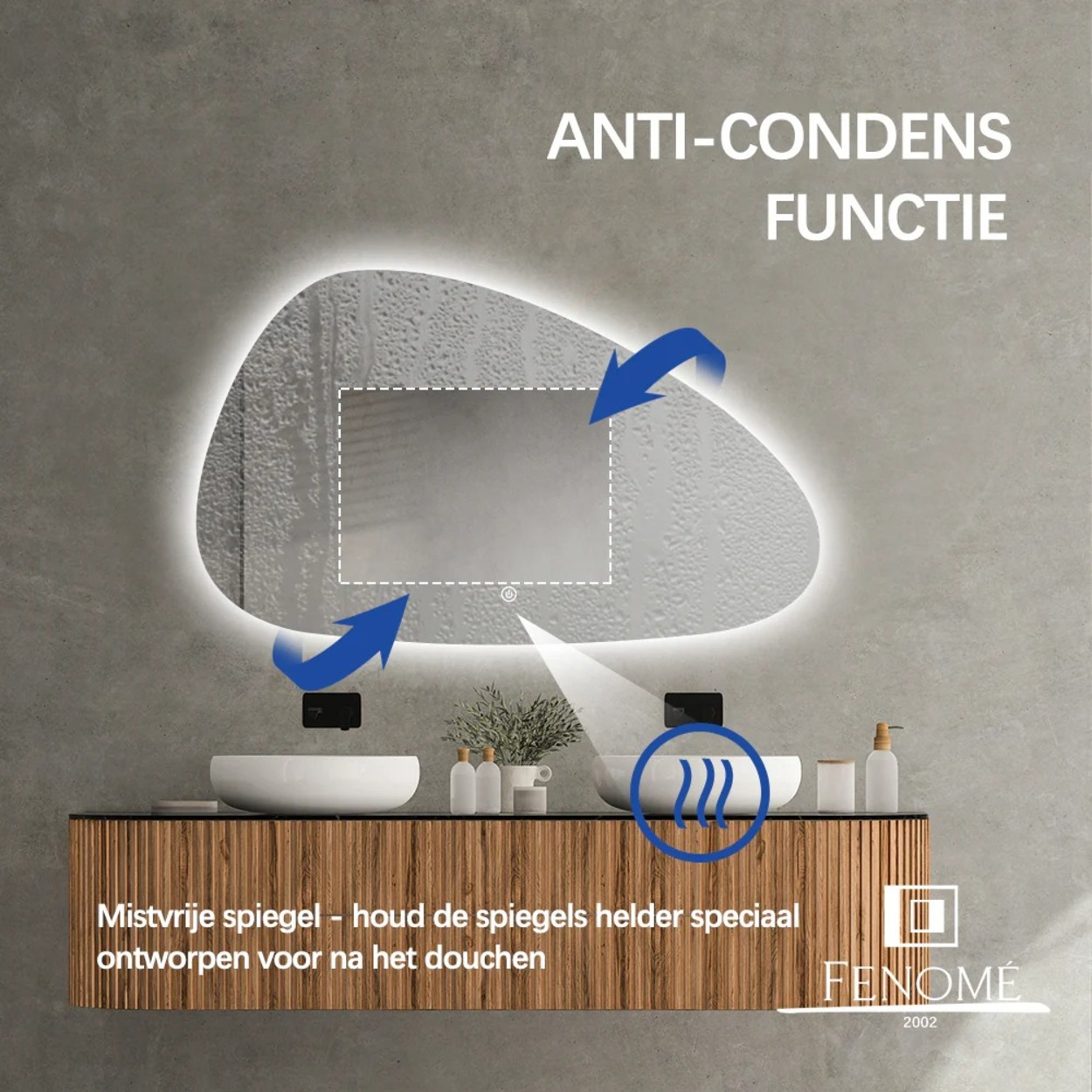 Mistvrije spiegel met anti-condens functie, speciaal voor na het douchen.