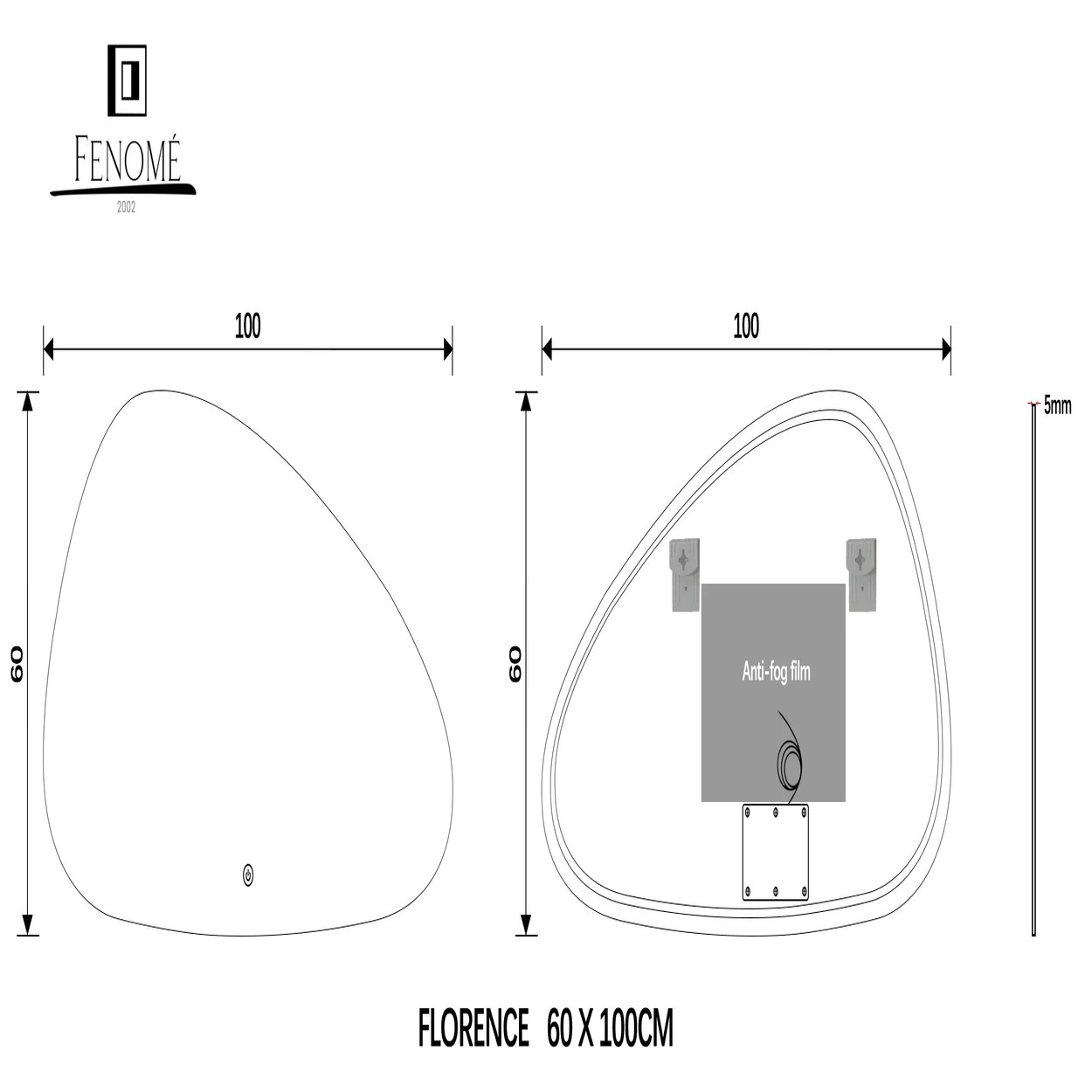Technische tekening van een spiegel van 60x100cm met anti-condensfolie.