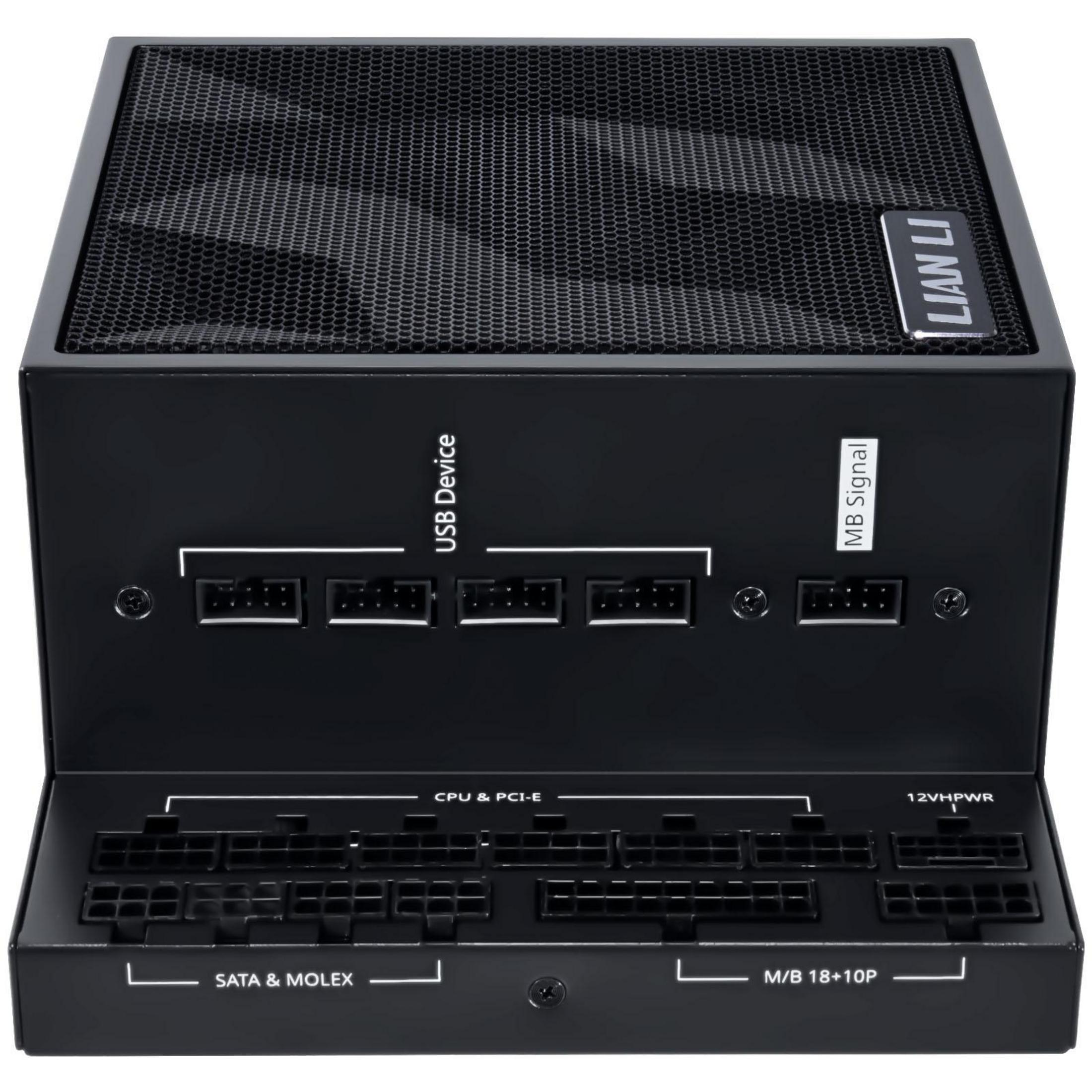 Schwarzes Lian Li Netzteil mit Anschlüssen für USB, MB Signal, SATA, Molex, CPU, PCI-E, 12VHPWR.