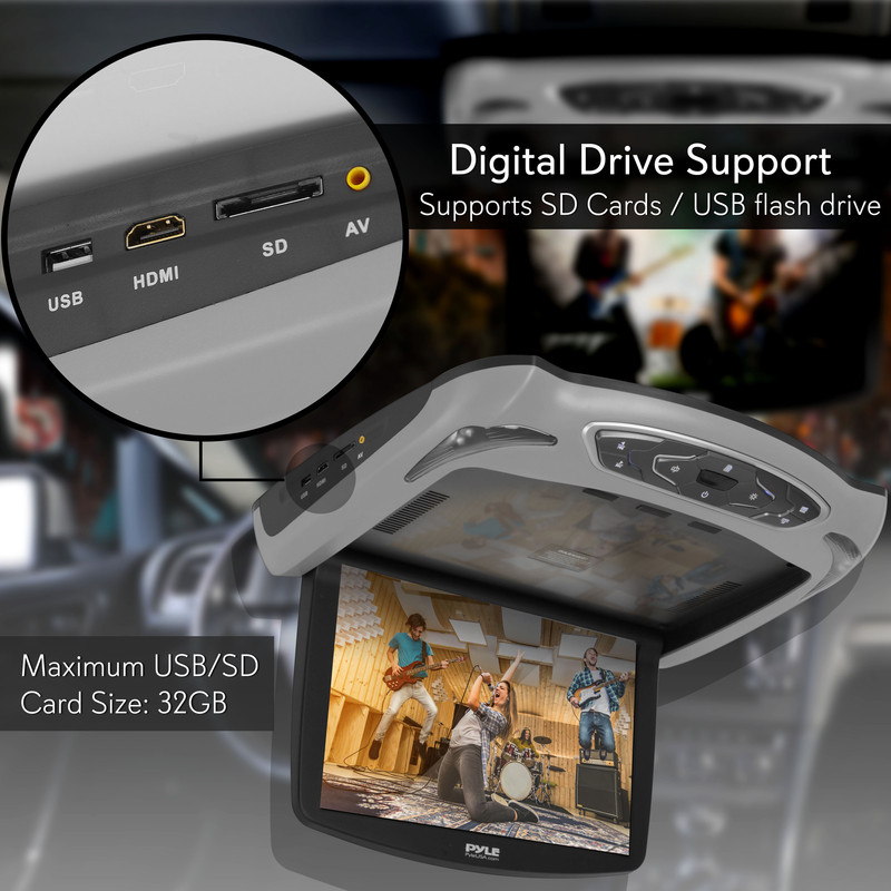 Ein Dachmonitor mit USB-, HDMI-, SD- und AV-Anschlüssen zeigt eine Band