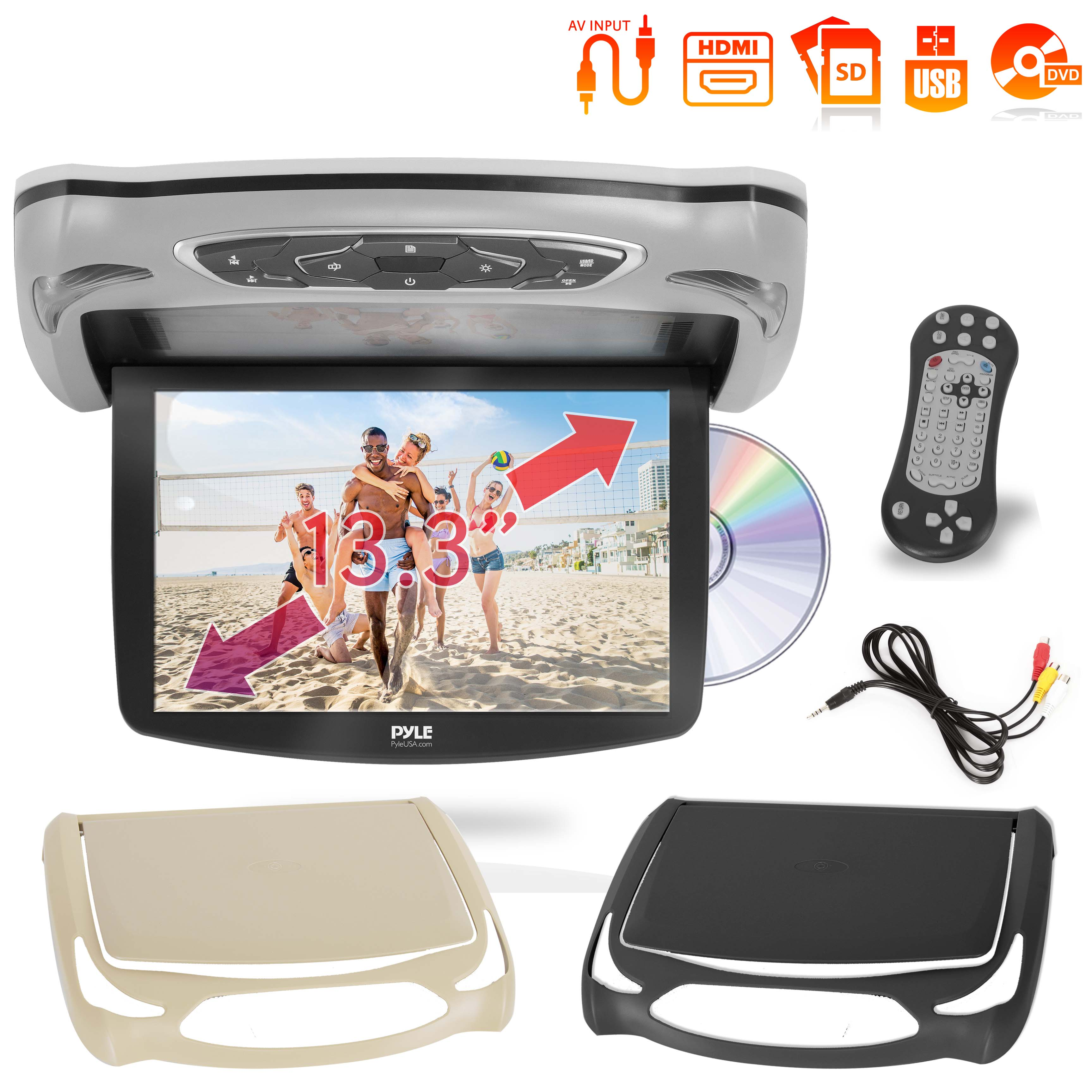 Ein Autodachmonitor mit einem geöffneten Bildschirm, der ein Strandmotiv zeigt.