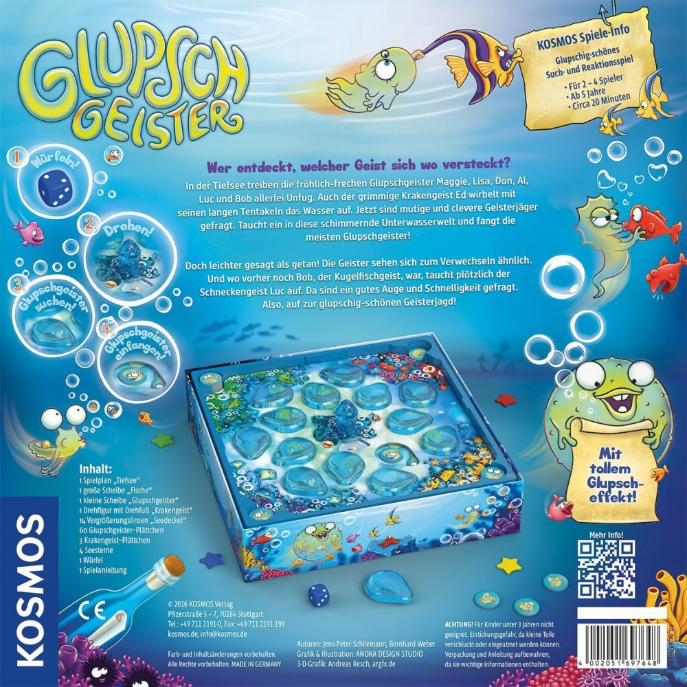 Brettspiel-Rückseite: Glupschgeister im Wasser. Enthält Spielbeschreibung, Inhalt und Altersinfo.
