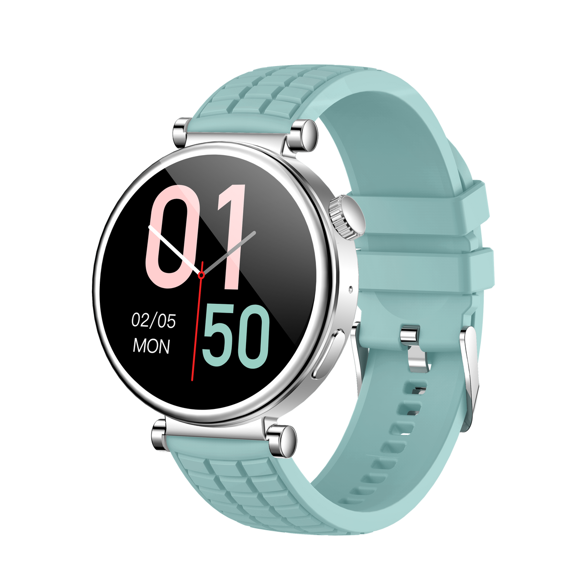 Jasnozielony smartwatch z srebrną kopertą i cyfrowym wyświetlaczem.