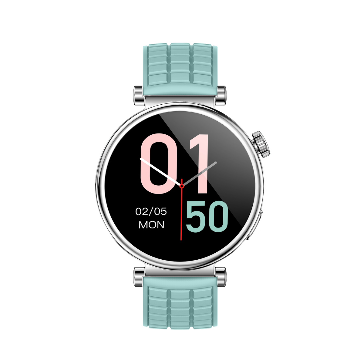 Jasnoniebieski smartwatch z okrągłą tarczą i srebrną ramką.