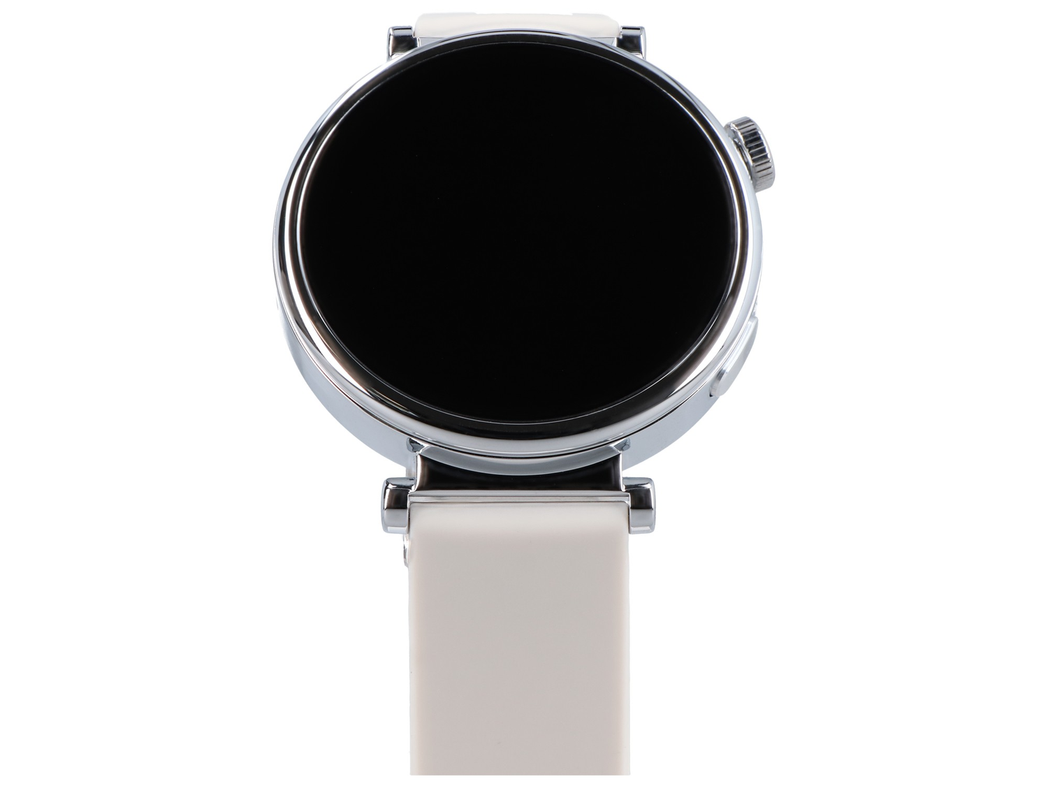Biały smartwatch z okrągłym czarnym wyświetlaczem i srebrną obudową.