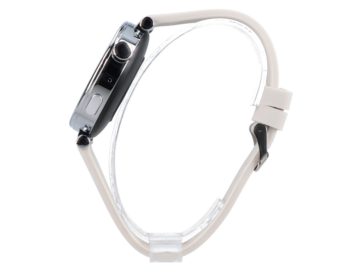 Srebrny smartwatch z białym paskiem, pokazany na białym tle.