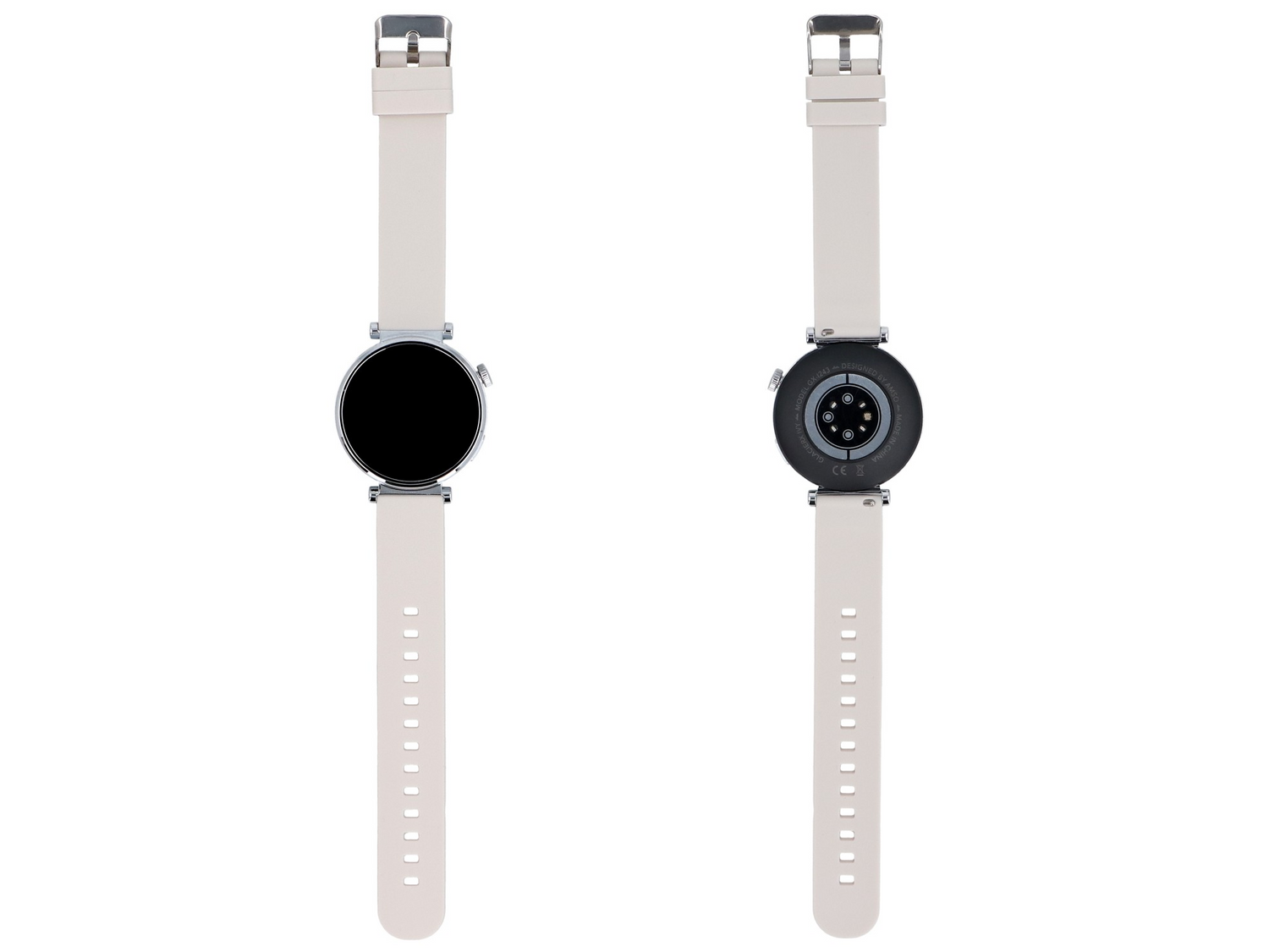 Smartwatch z jasną opaską, widok z przodu i z tyłu.