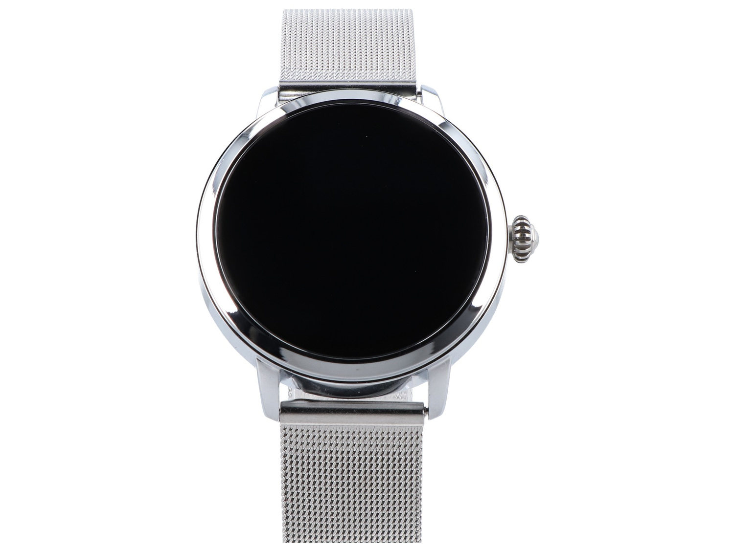 Srebrny smartwatch z czarnym ekranem i siateczkowym paskiem.