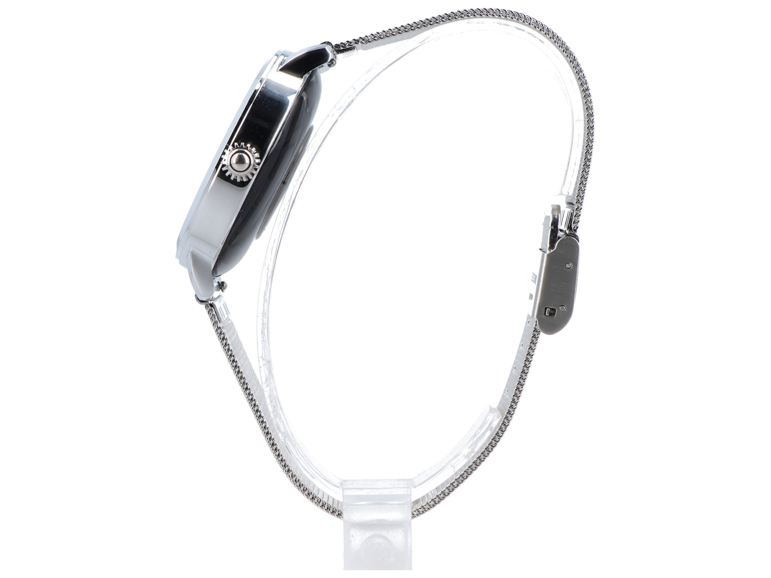 Srebrny smartwatch z siatkową bransoletą, widziany z boku.