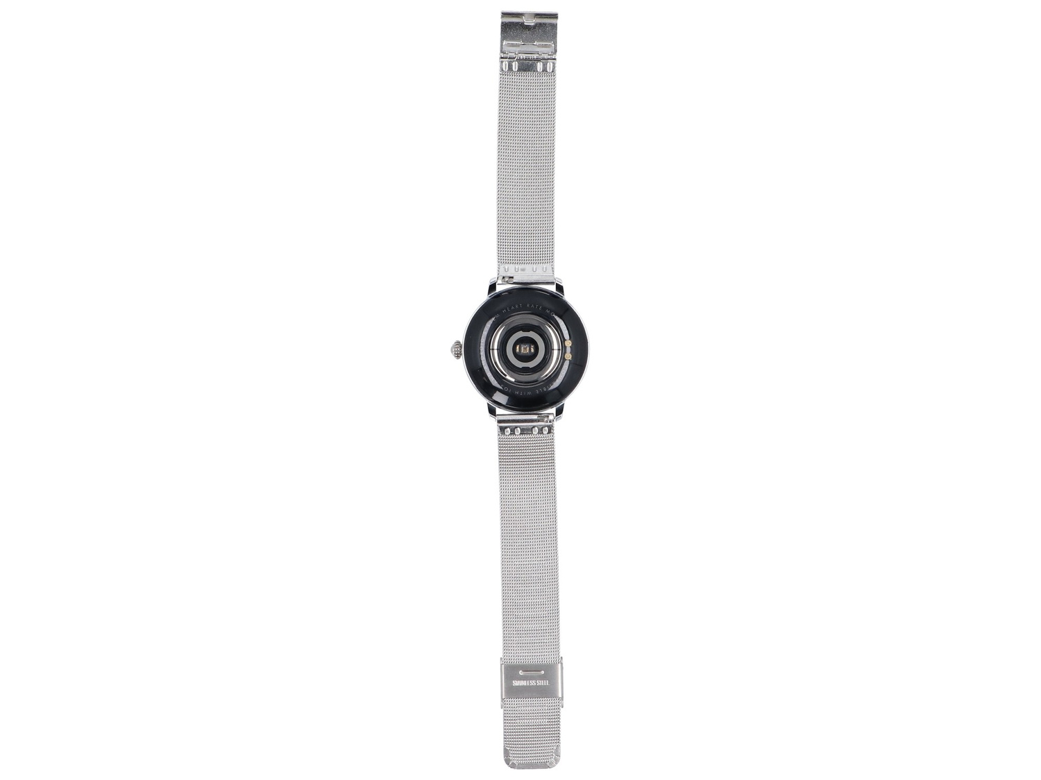 Srebrny smartwatch z paskiem mediolańskim, tył pokazuje czujniki.