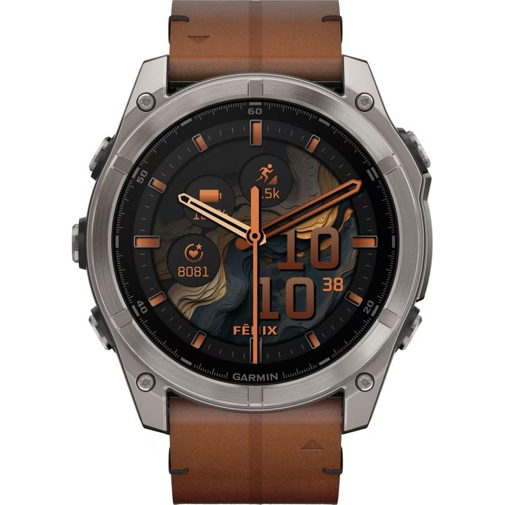 Elegancki srebrny smartwatch z brązową skórzaną bransoletą i ciemnym wyświetlaczem.