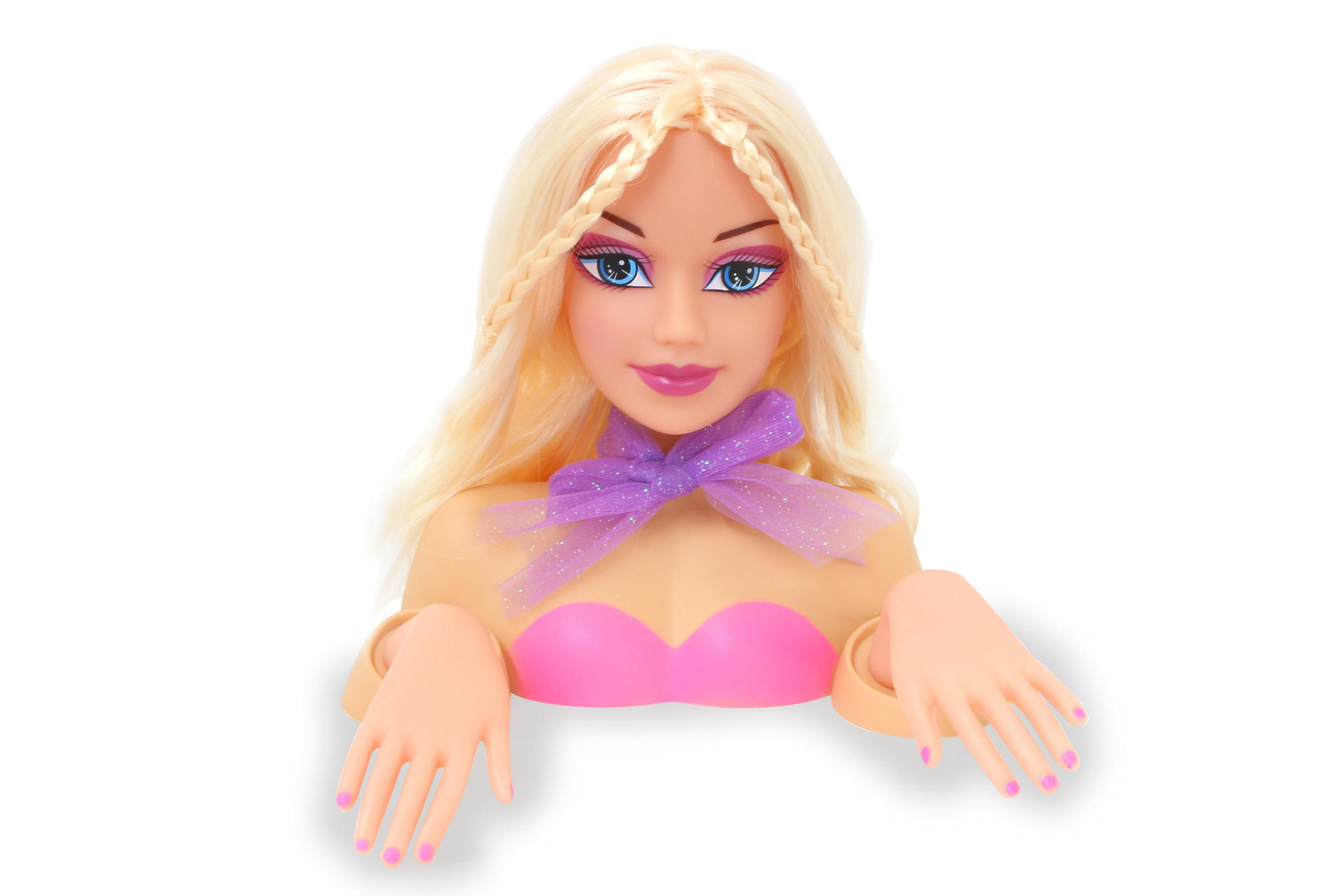 Eine Puppe mit blonden Haaren, blauen Augen und einem rosa Oberteil.