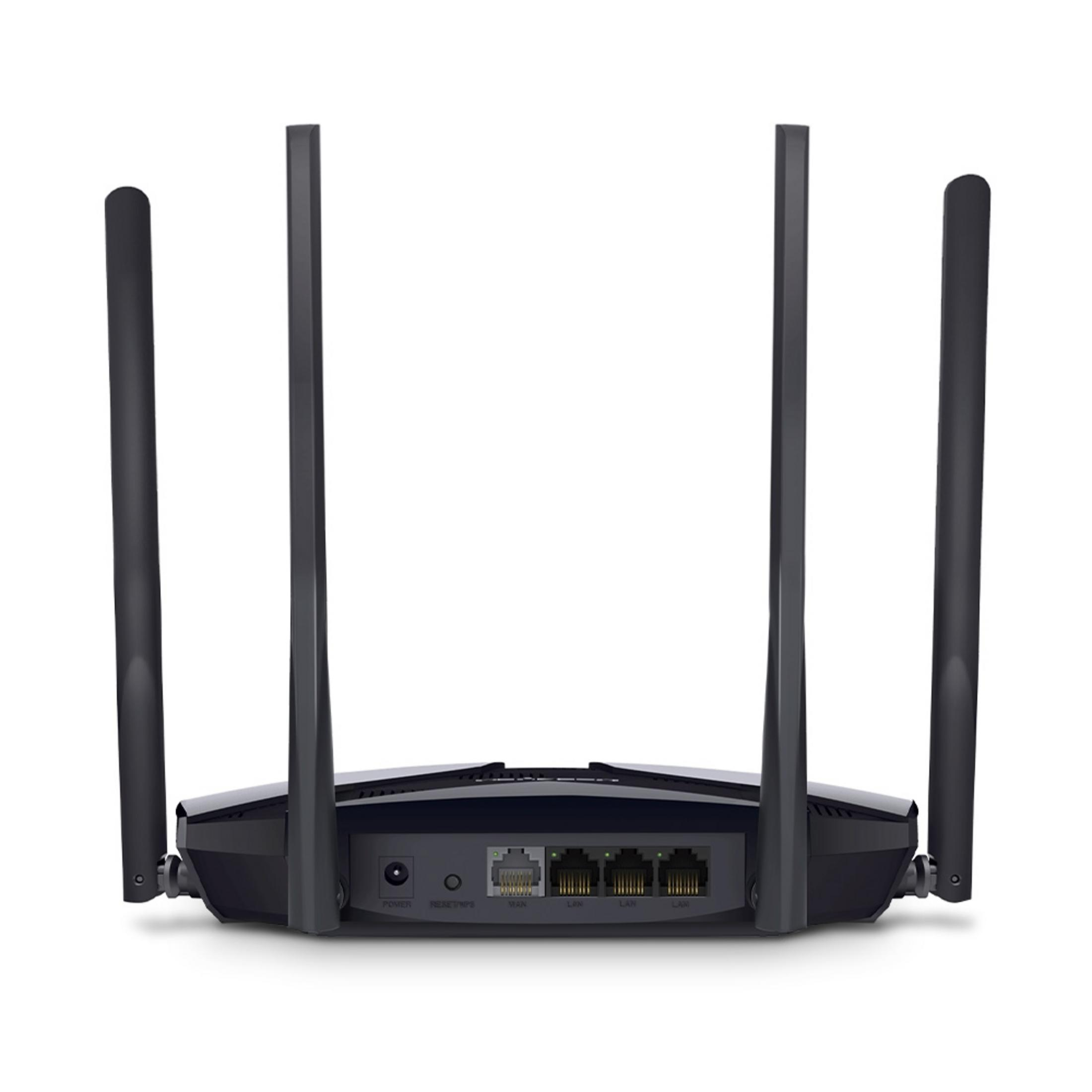 Router nero con quattro antenne e porte: alimentazione, reset, WAN e LAN.