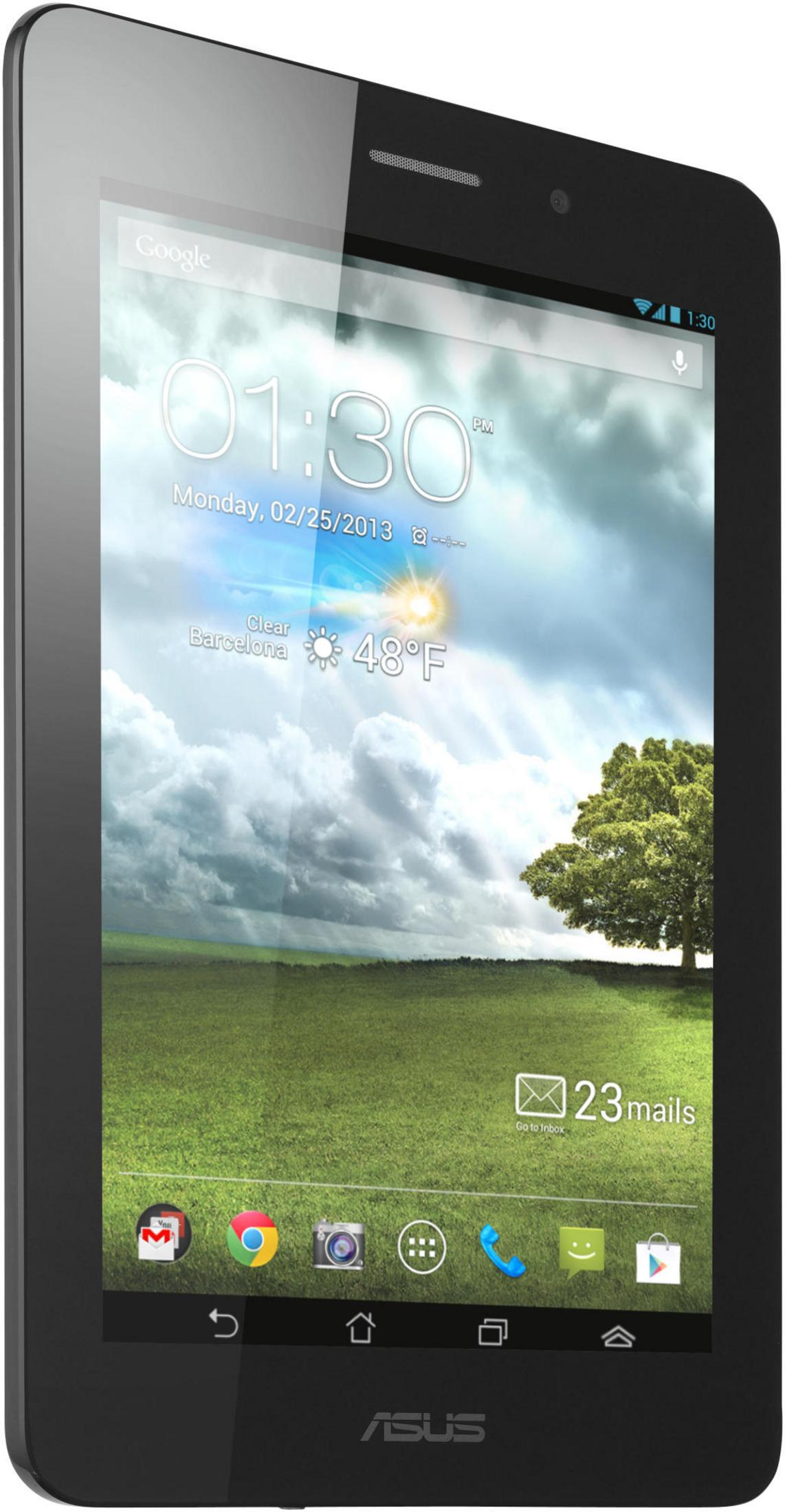 Ein schwarzes Tablet zeigt den Startbildschirm mit Uhrzeit, Datum, Wetter und Apps.