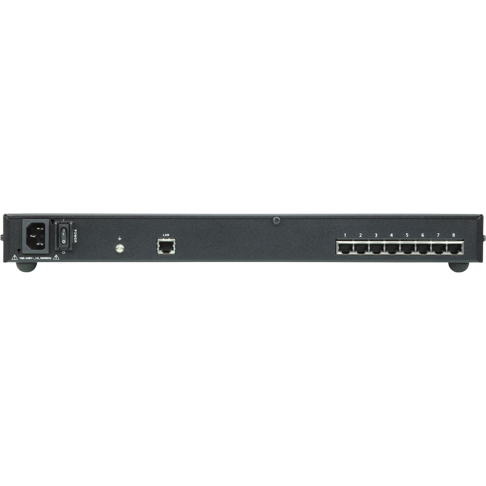 Rückseite eines schwarzen Geräts mit Stromanschluss, LAN-Anschluss und 8 nummerierten Ethernet-Ports.