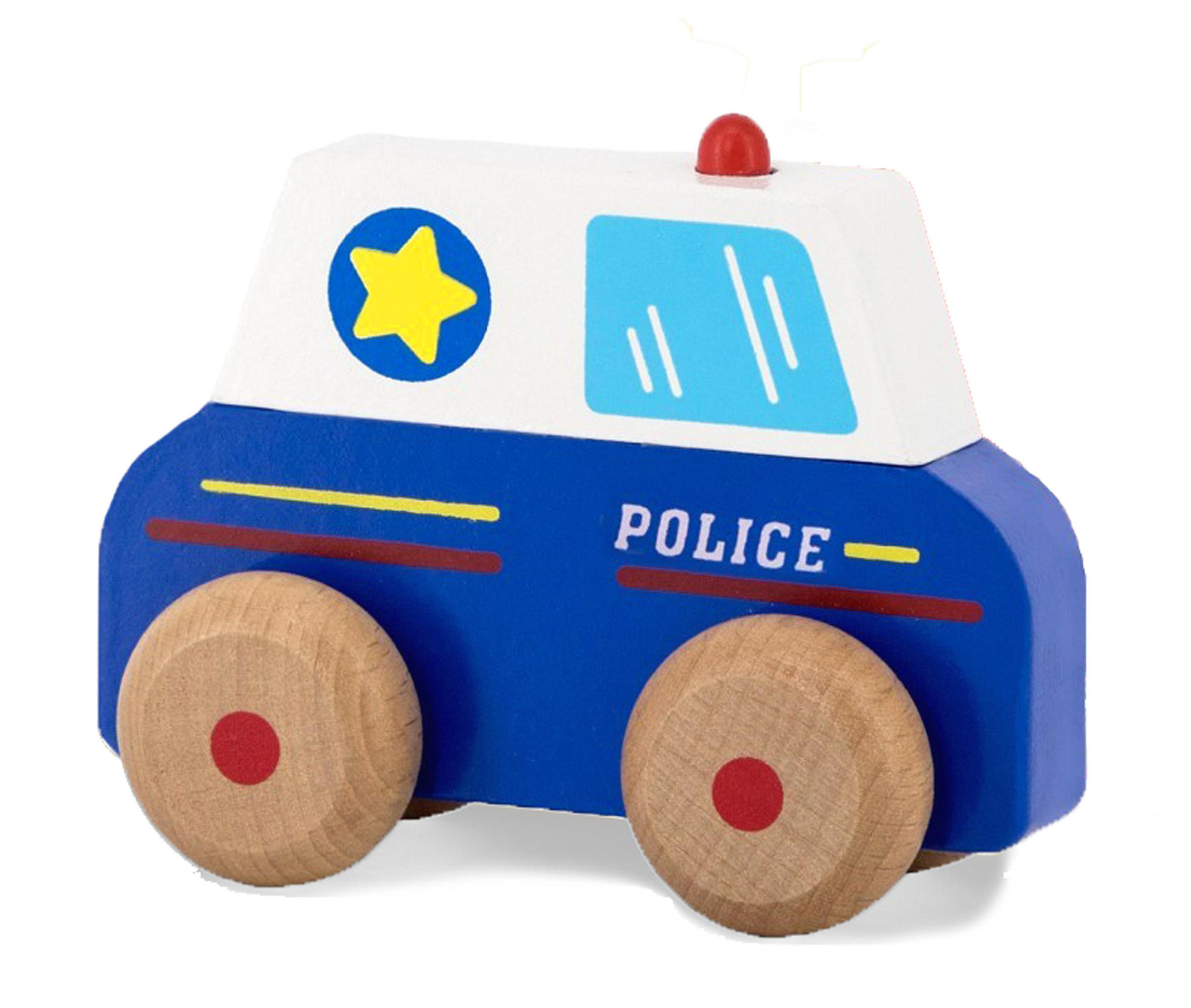 Ein hölzernes Spielzeugpolizeiauto mit blauen und weißen Karosserien.