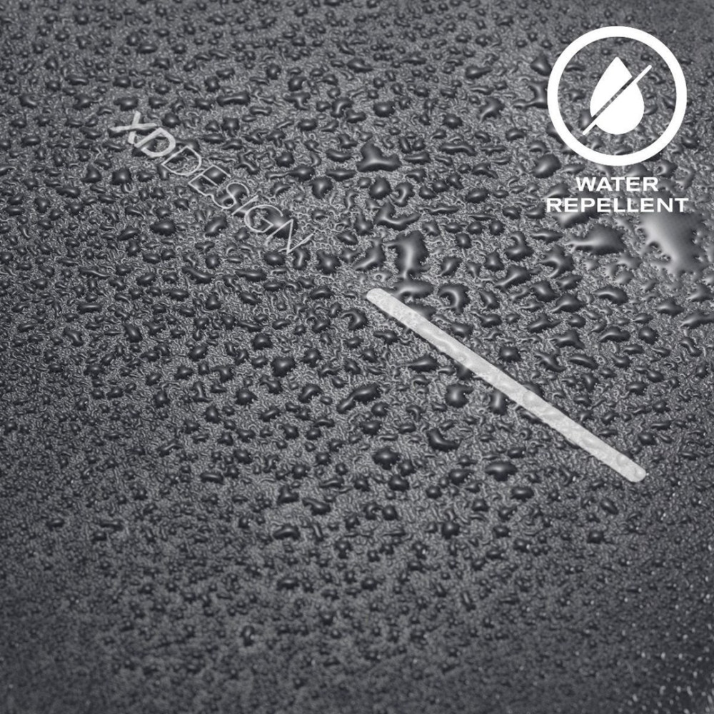 Krople wody na ciemnej tkaninie z "XDDESIGN" i ikoną "WATER REPELLENT".