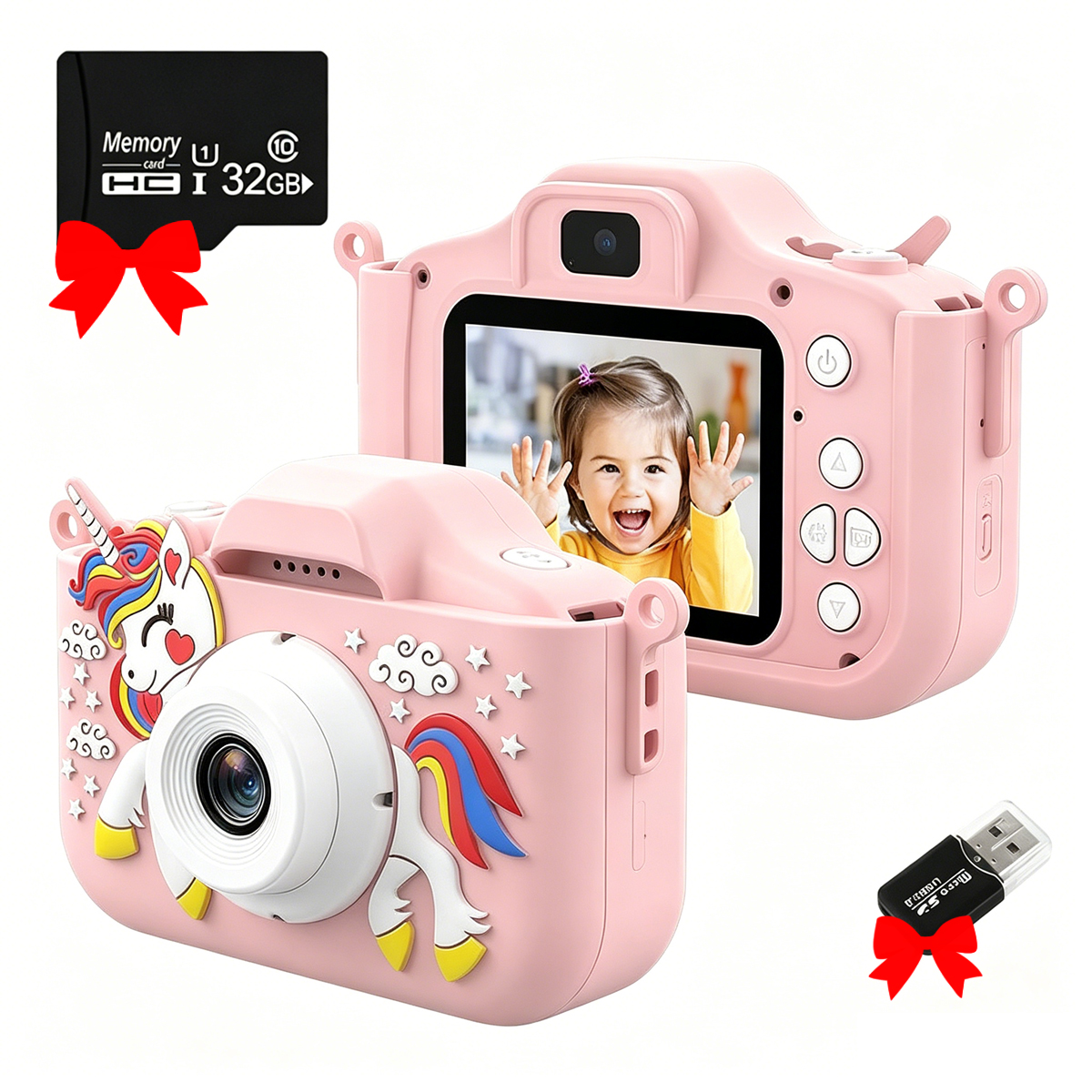 Eine rosa Einhorn-Kinderkamera mit SD-Karte und USB-Stick.