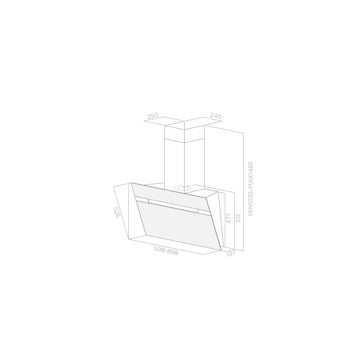 Disegno tecnico di una cappa aspirante con dimensioni.
