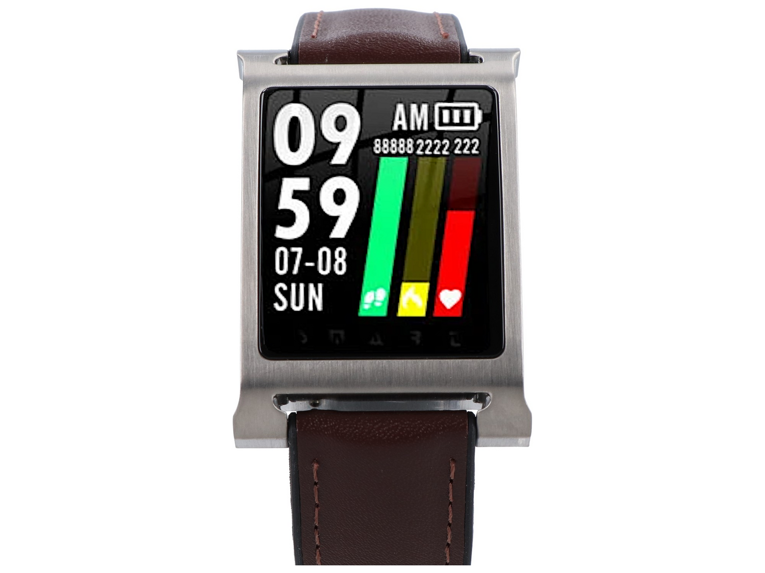 Zegarek smartwatch z brązową skórzaną bransoletą pokazuje 09:59, 07-08 NIEDZ, baterię i wykresy.