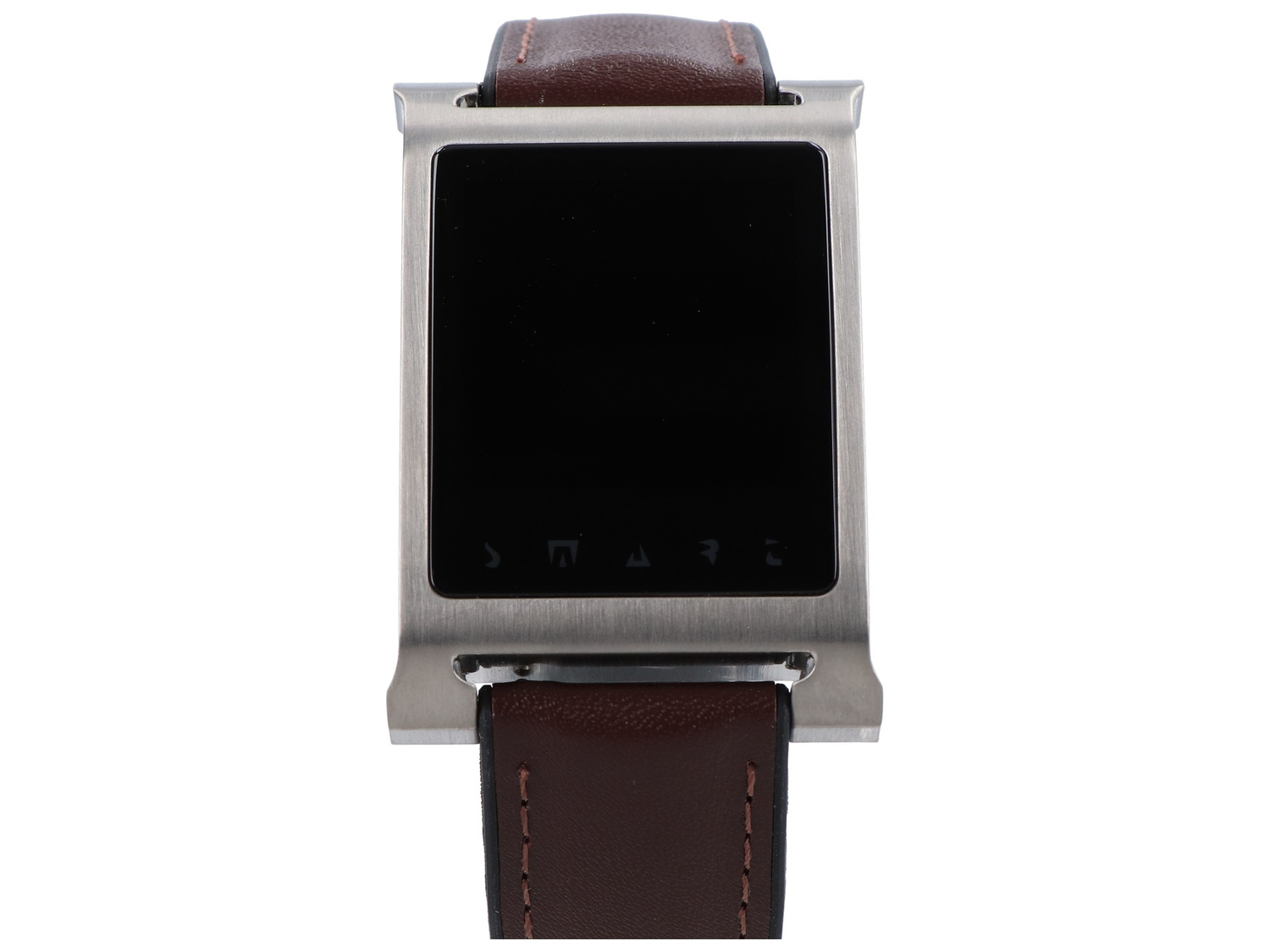 Smukły, prostokątny smartwatch z srebrną obudową i brązowym skórzanym paskiem.