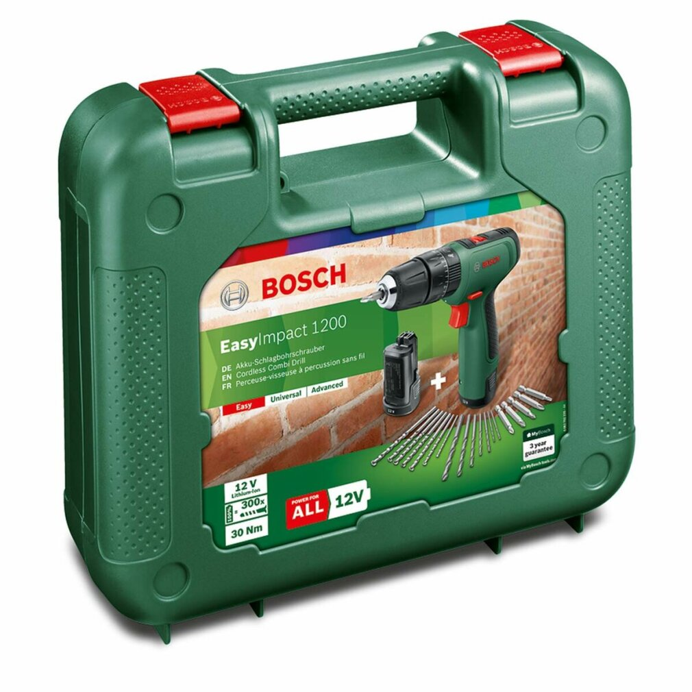 Grüner Bosch Werkzeugkoffer mit Bohrschrauber, Akku und Bohrer-Set.