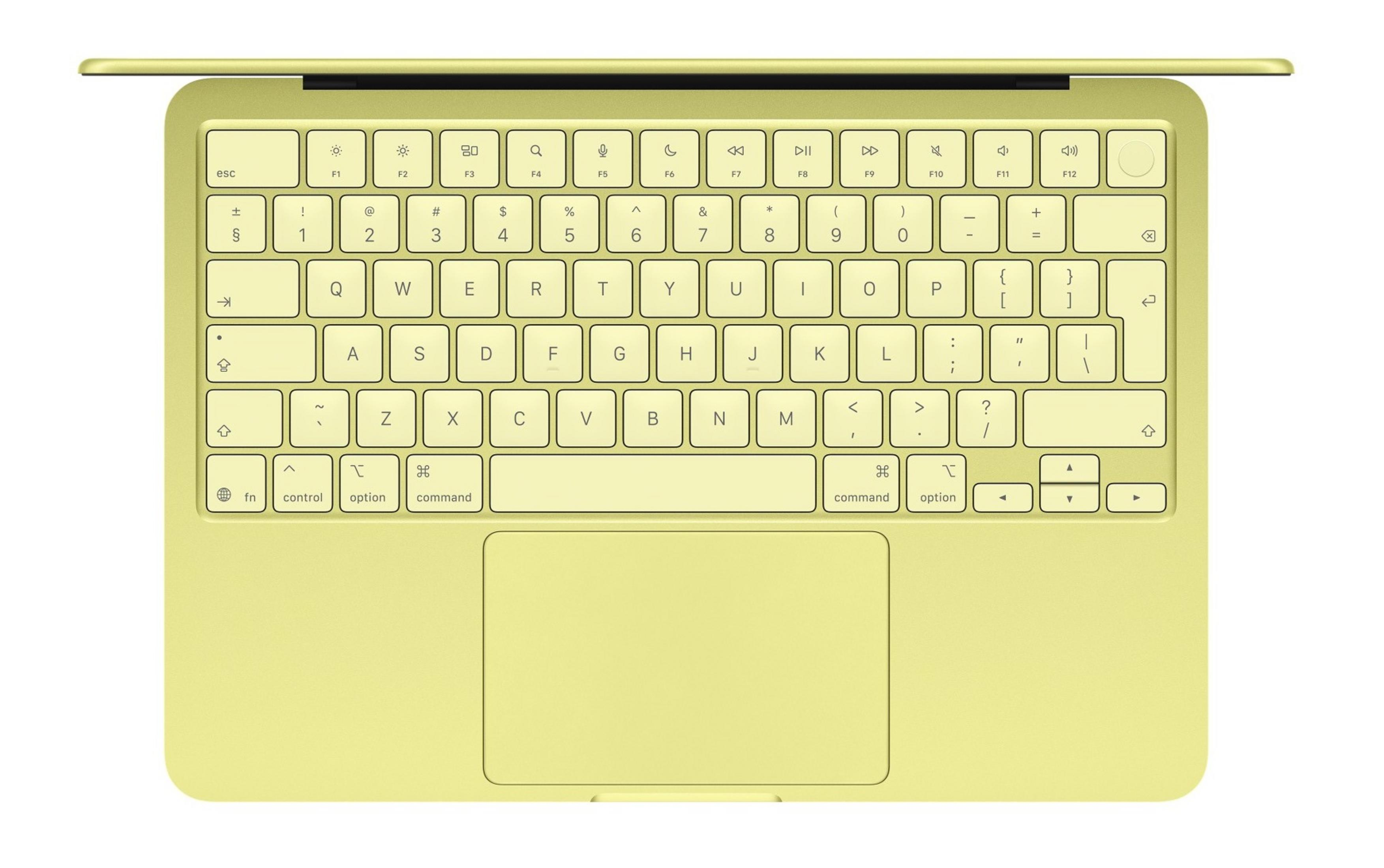 Eine gelbe Tastatur und ein Trackpad eines Laptops.