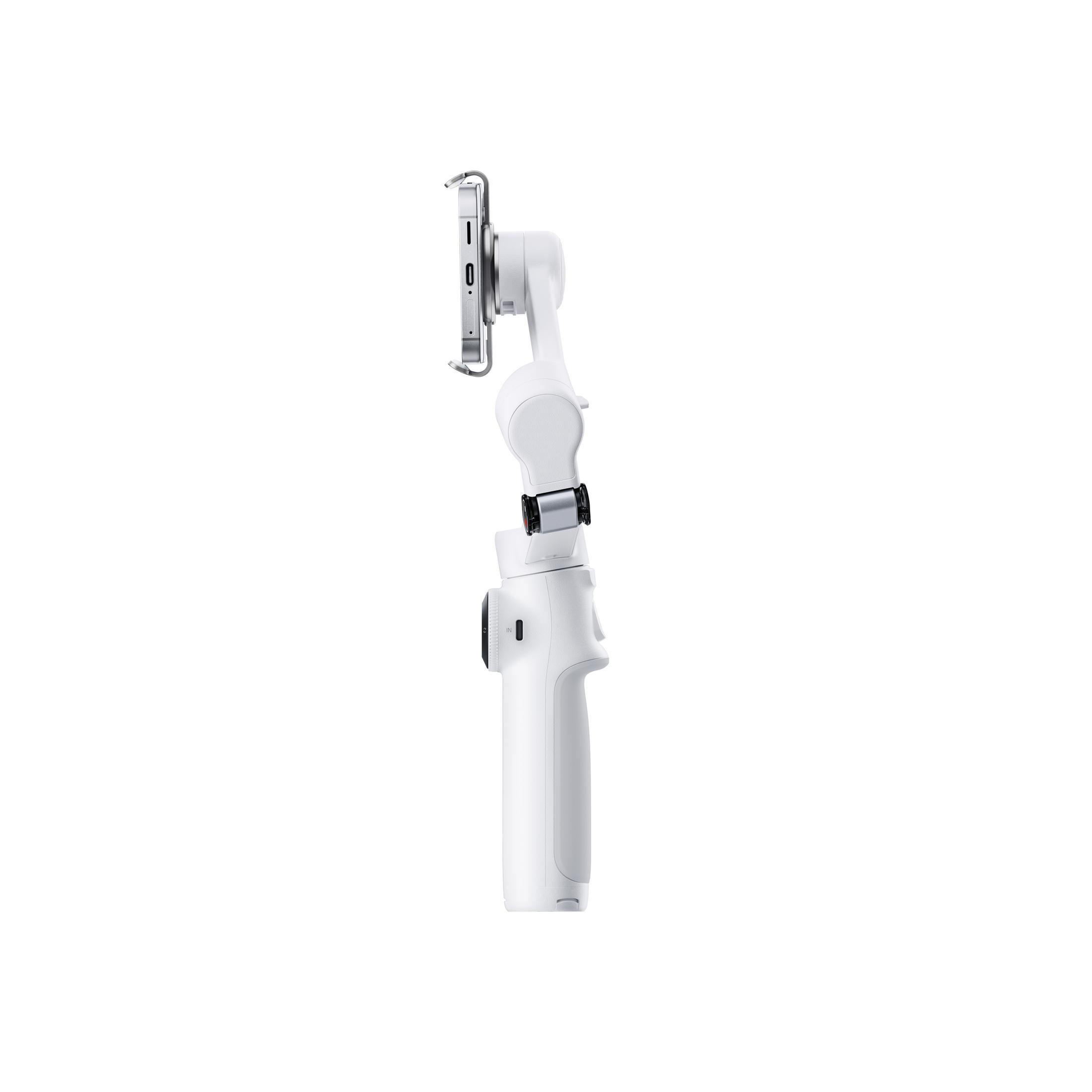 Ein weißer Smartphone-Gimbal mit einem Telefon, das vertikal montiert ist.